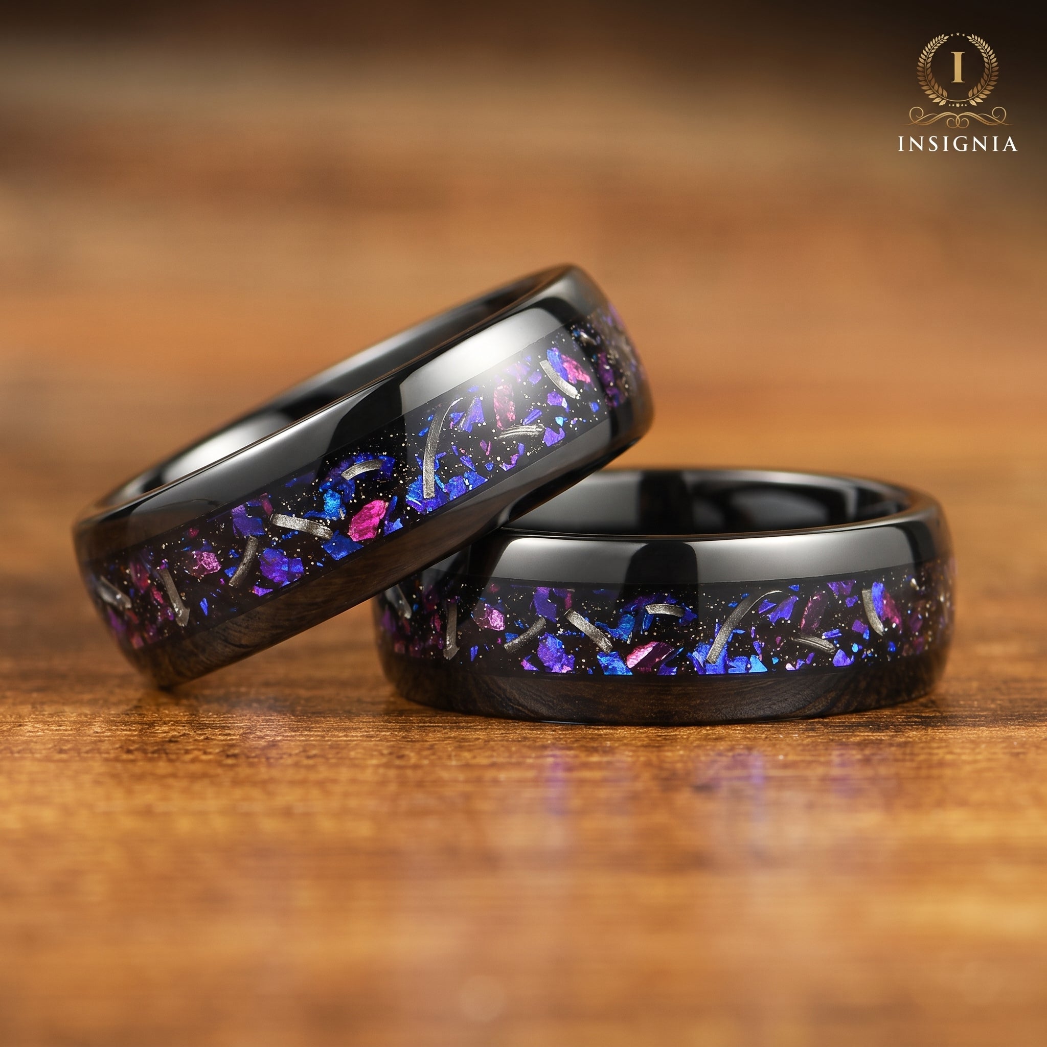 WEDDING RING SET METEORITE TUNGSTEN ORION NEBULA (8/4 MM)