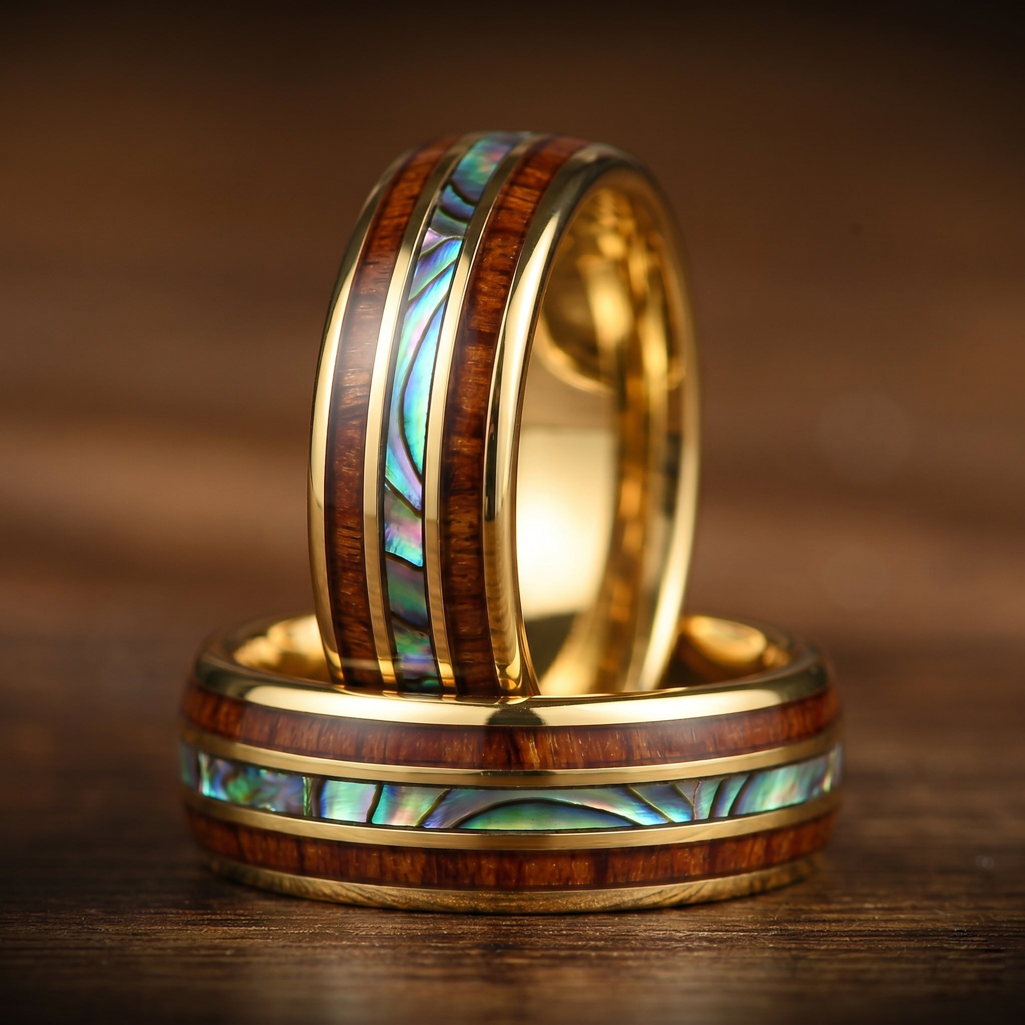 HIS AND HERS COMMITMENT RINGS TUNGSTEN KOA WOOD ABALONE SHELL