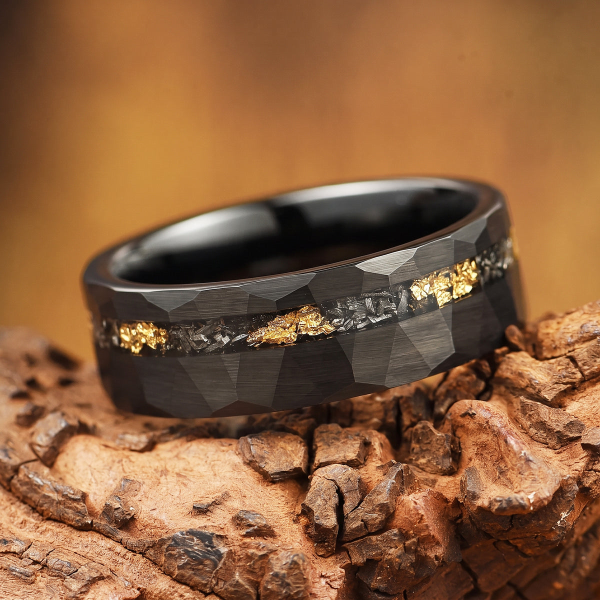 WEDDING RING SET REAL METEORITE 18K GOLD LEAF BLACK TUNGSTEN (8/4MM)