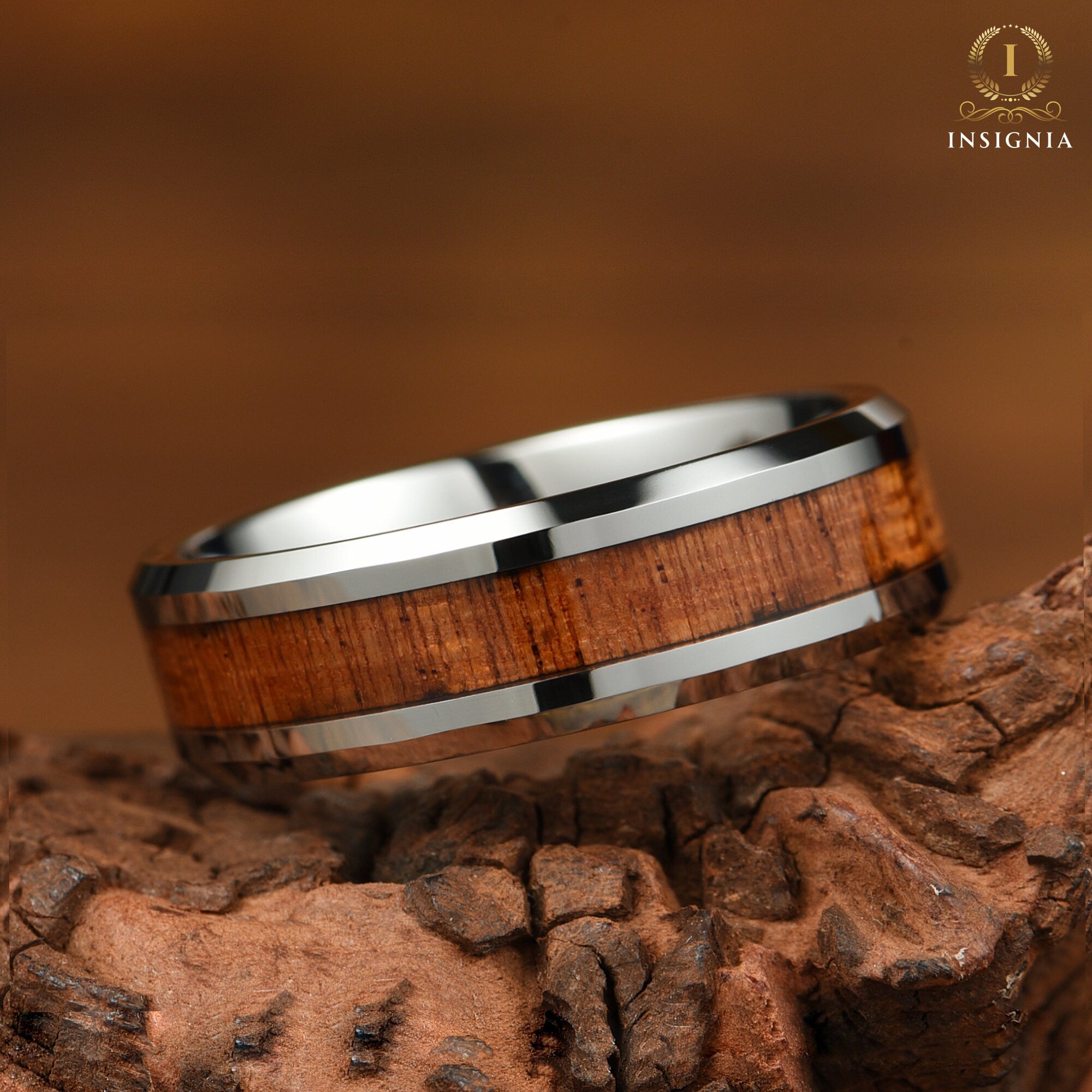 Whiskey Barrel Wood Wedding Band 6 mm - Unique Mens Tungsten Wedding Band - Two Tone Engagement /Promise Ring for him - Anniversary Gift - INSIGNIA