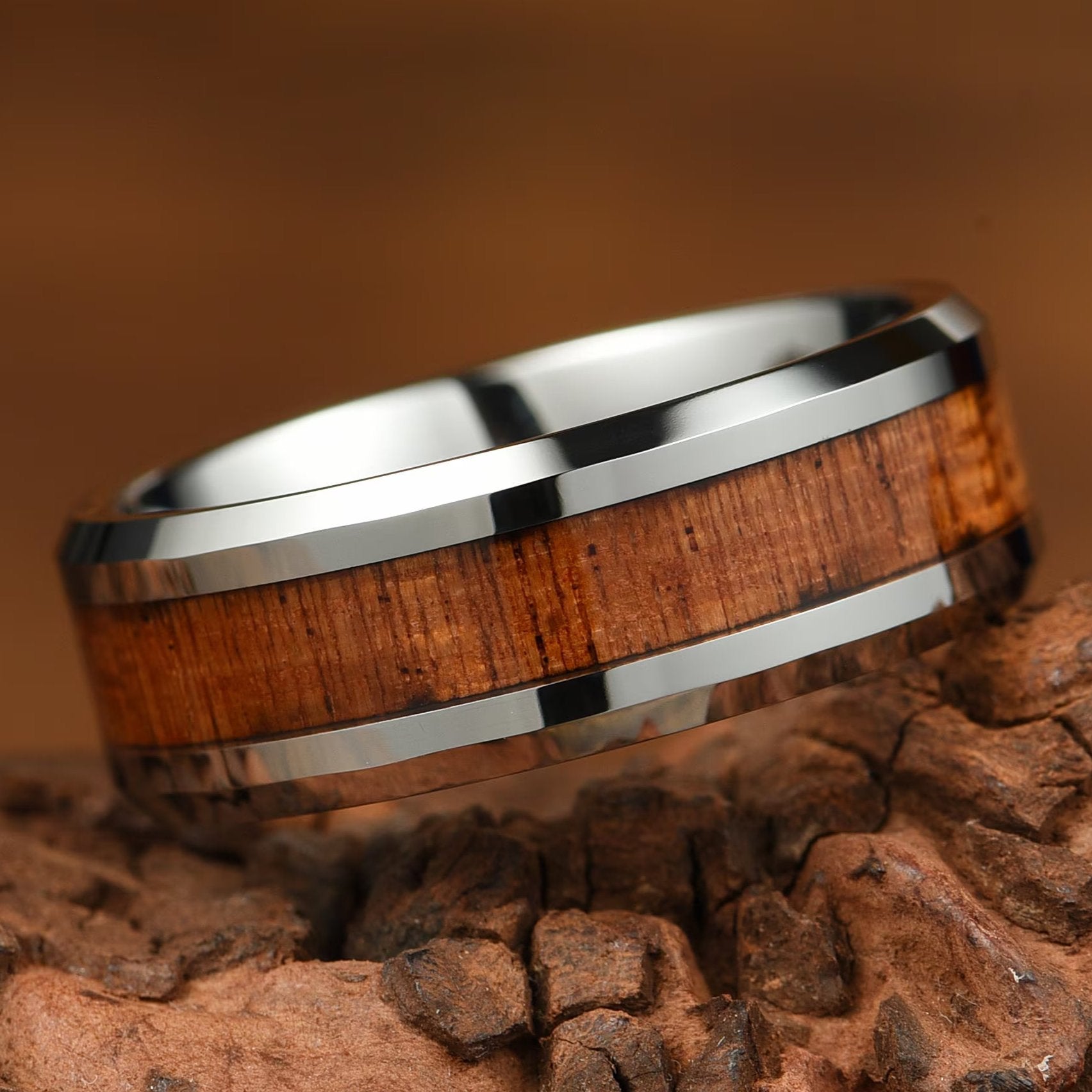 Whiskey Barrel Ring with Wood Inlay - 8 /6 mm - Unique Mens/Women Tungsten Wedding Band - Promise Ring for him - Engagement Anniversary Gift - INSIGNIA