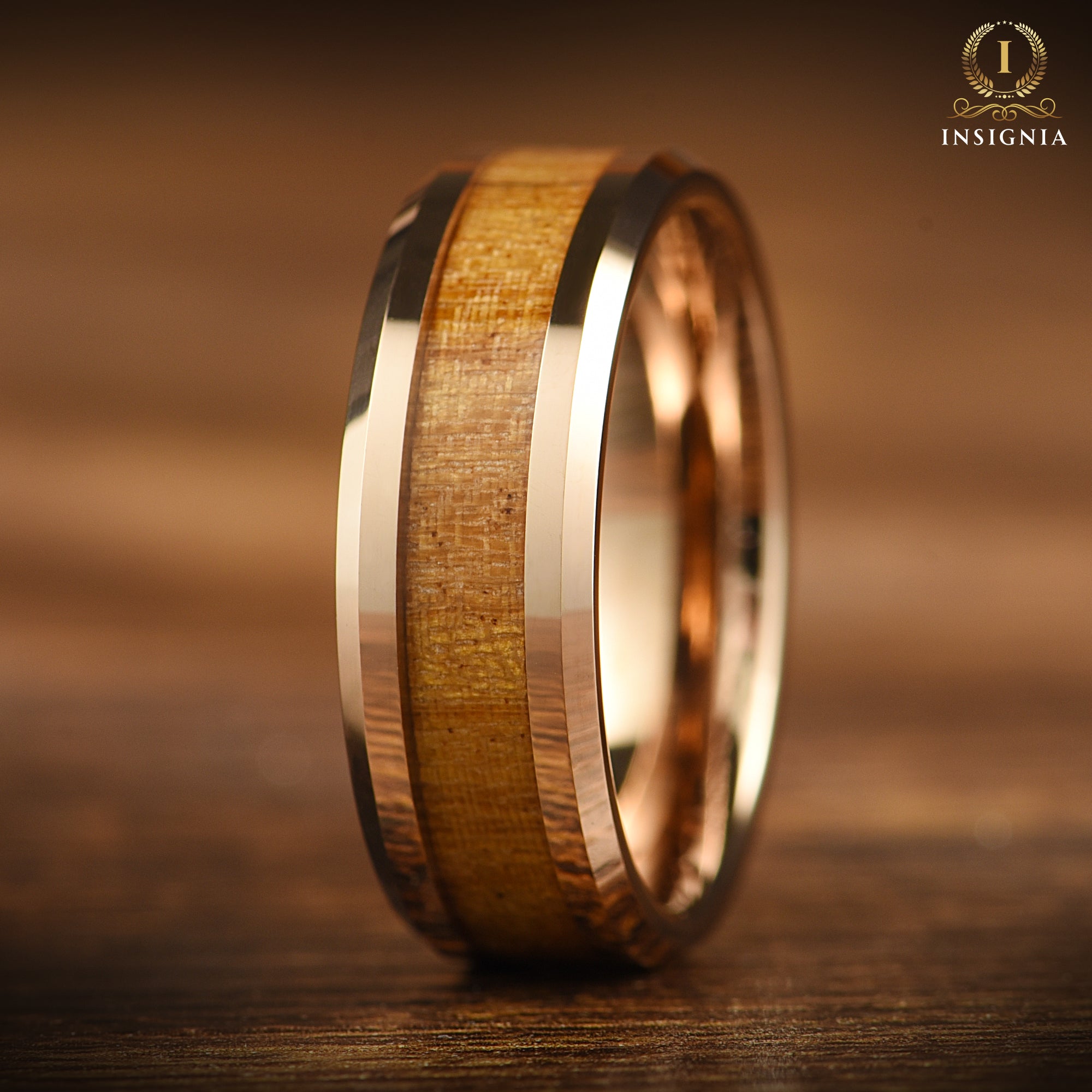 Whiskey Barrel Ring with Wood Inlay - 8 mm - Unique Mens Tungsten Wedding Band - Promise Ring for him - Engxagement Anniversary Gift - INSIGNIA