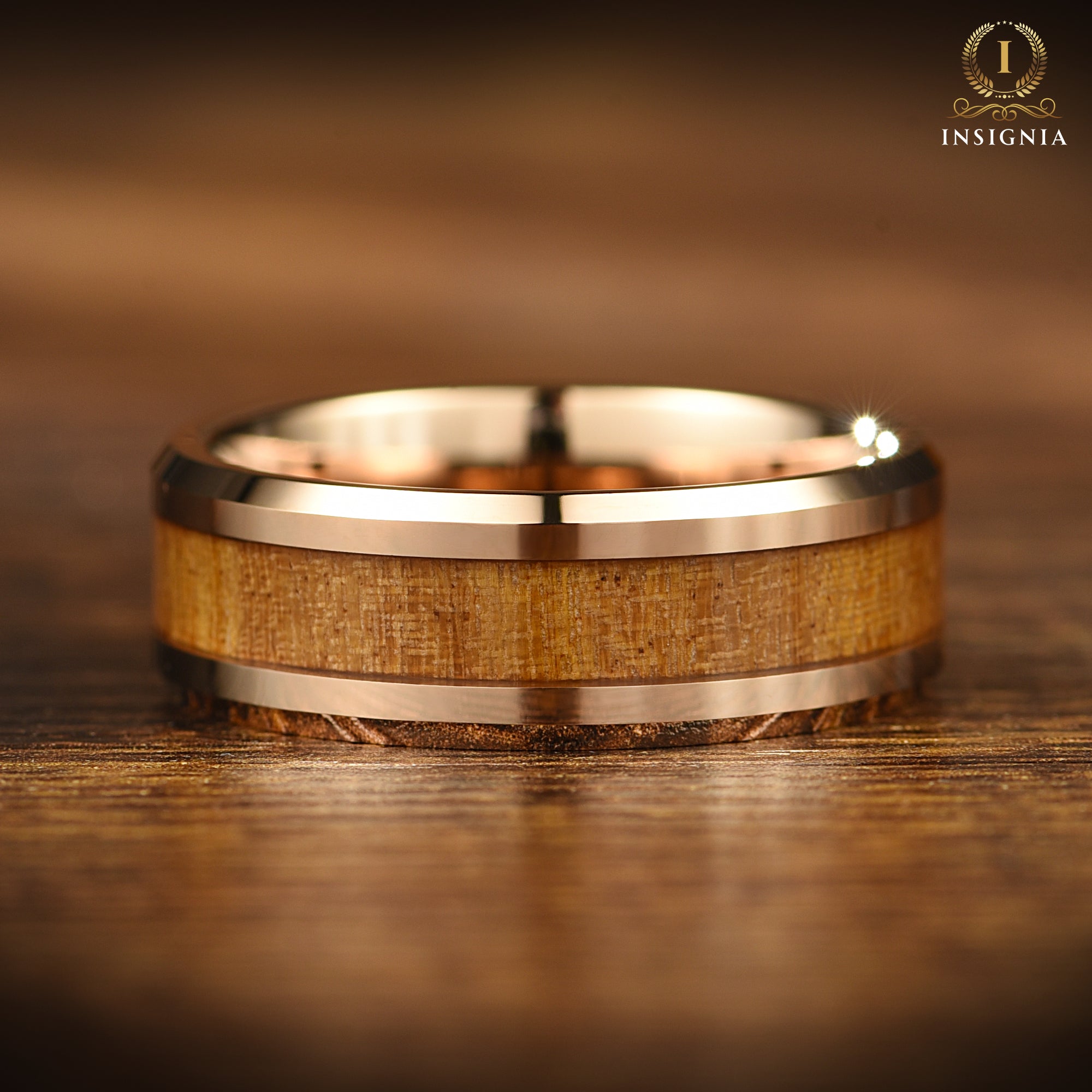 Whiskey Barrel Ring with Wood Inlay - 8 mm - Unique Mens Tungsten Wedding Band - Promise Ring for him - Engxagement Anniversary Gift - INSIGNIA