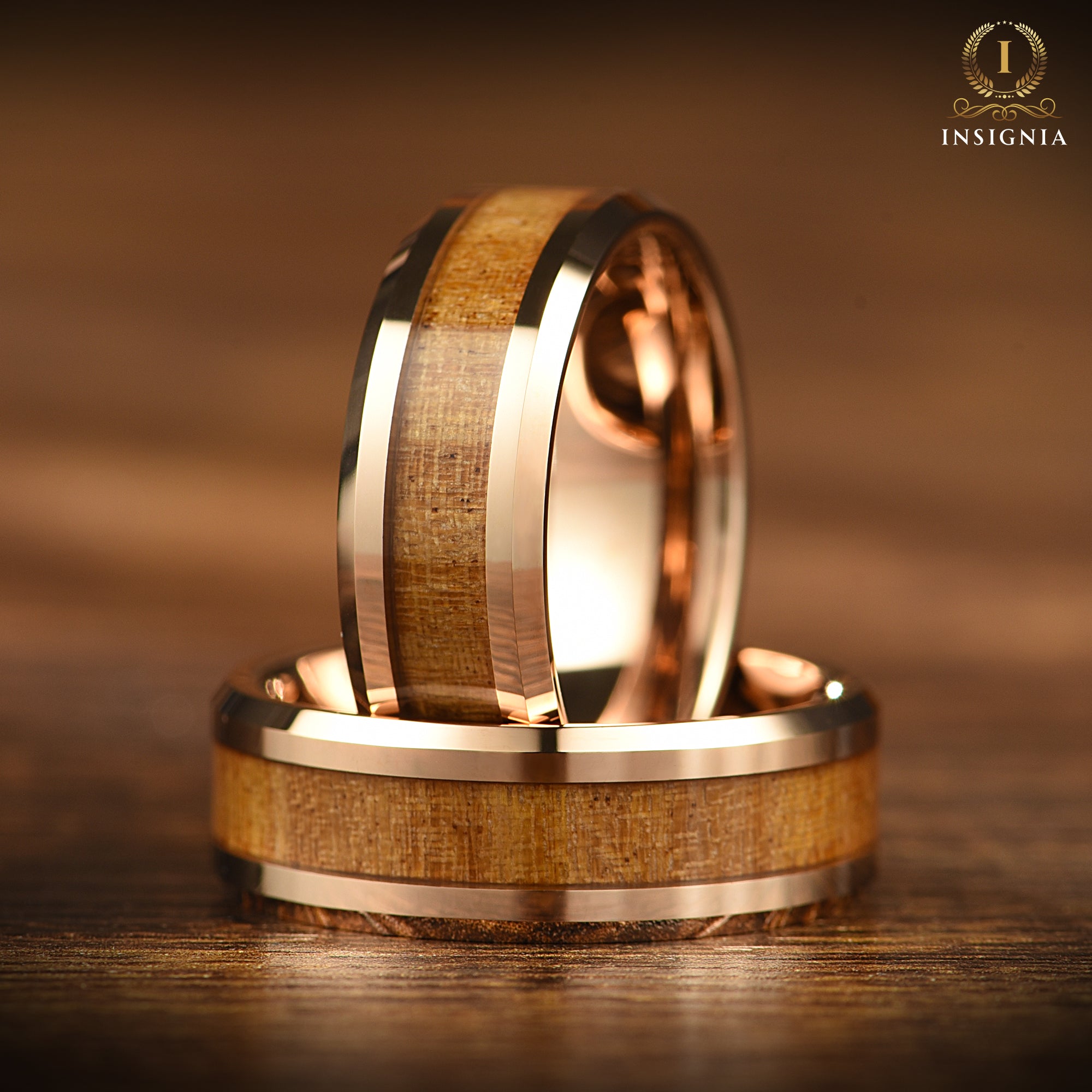 Whiskey Barrel Ring with Wood Inlay - 8 mm - Unique Mens Tungsten Wedding Band - Promise Ring for him - Engxagement Anniversary Gift - INSIGNIA