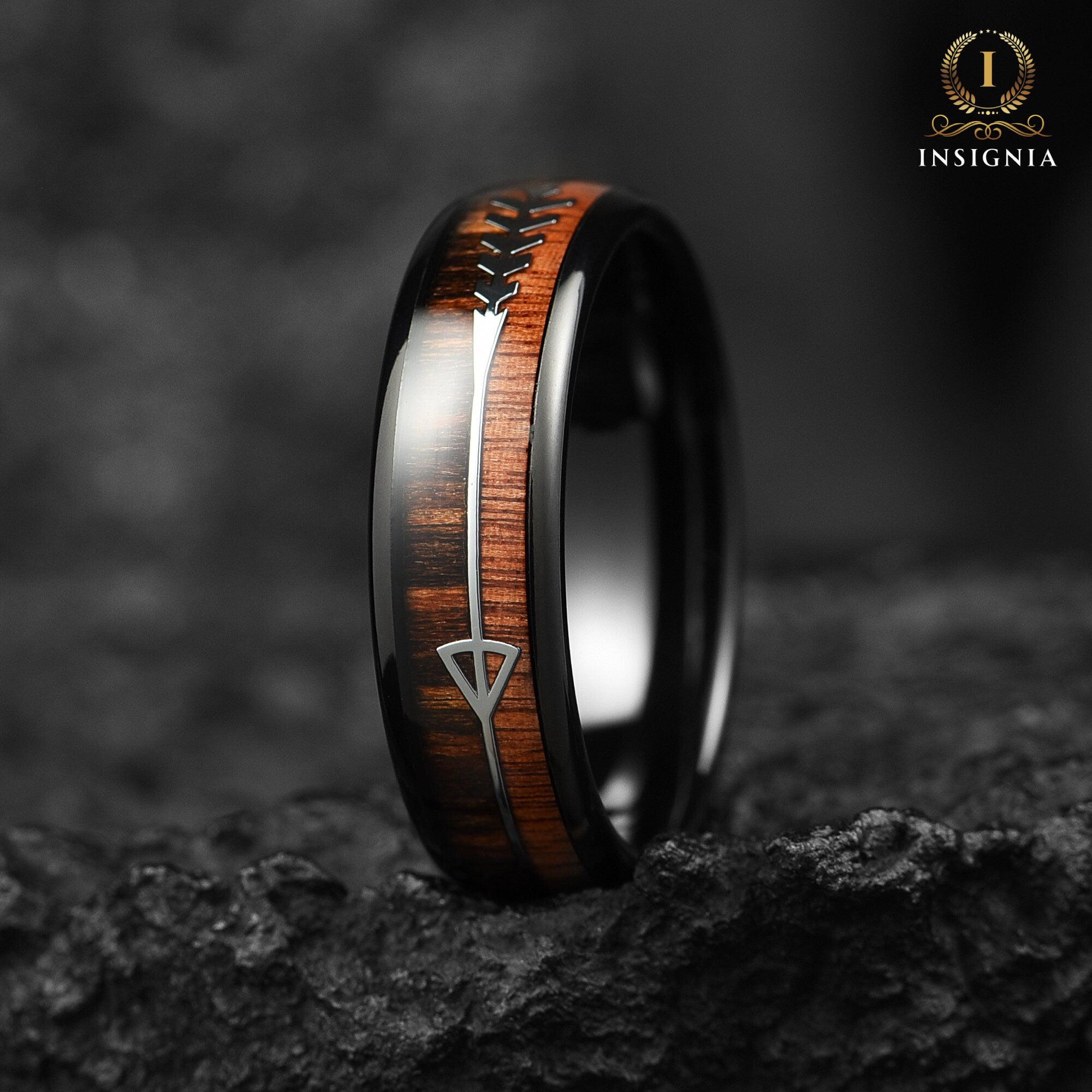 Wooden Whiskey Barrel Wedding Couple Rings Black 6/8 mm- His and Hers Wedding Bands Set -  Promise Ring for Couples - Dome Arrow Wood Rings (Copy) - INSIGNIA