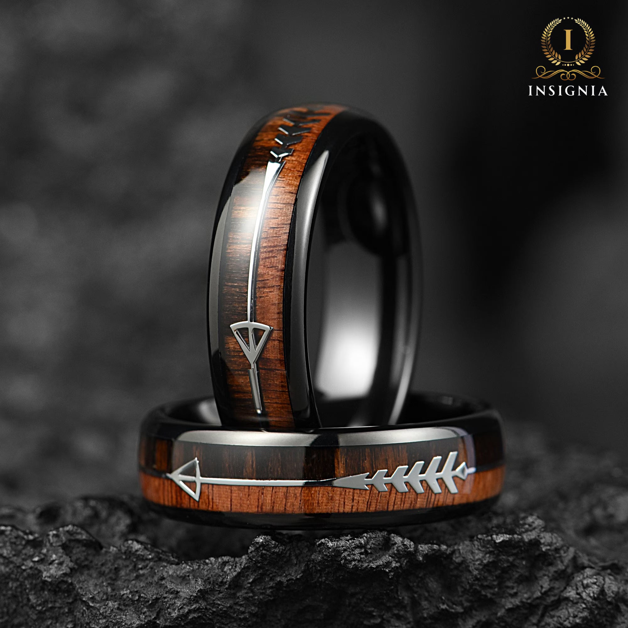 Wooden Whiskey Barrel Wedding Couple Rings Black 6/8 mm- His and Hers Wedding Bands Set -  Promise Ring for Couples - Dome Arrow Wood Rings (Copy) - INSIGNIA