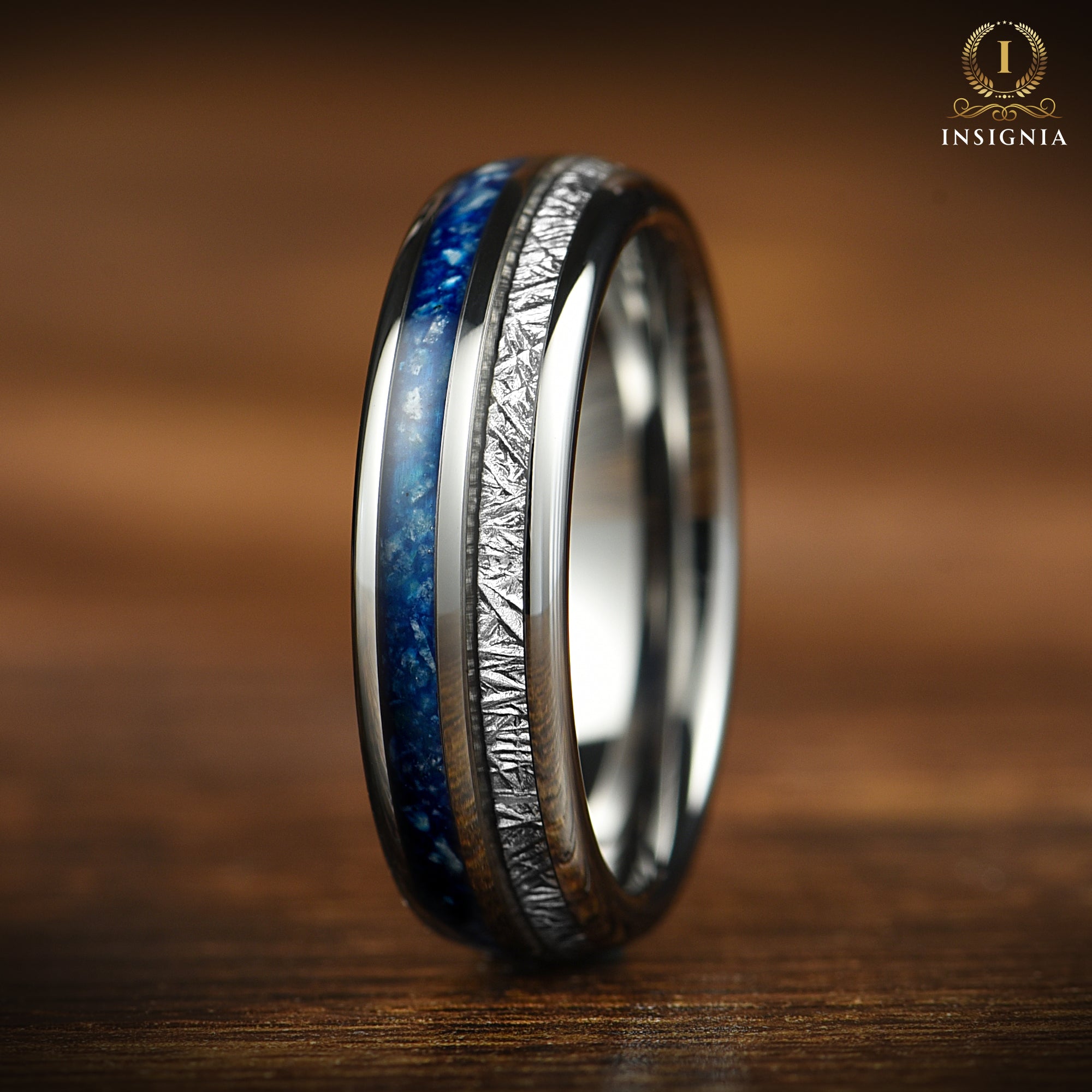 Meteorite & Blue Agate Tungsten Ring 8 / 6 mm - Tungsten Carbide Wedding / Engagement / Promise Ring for Him & Her - Women & Mens Wedding Band Unique - Birthday Anniversary Gift - INSIGNIA