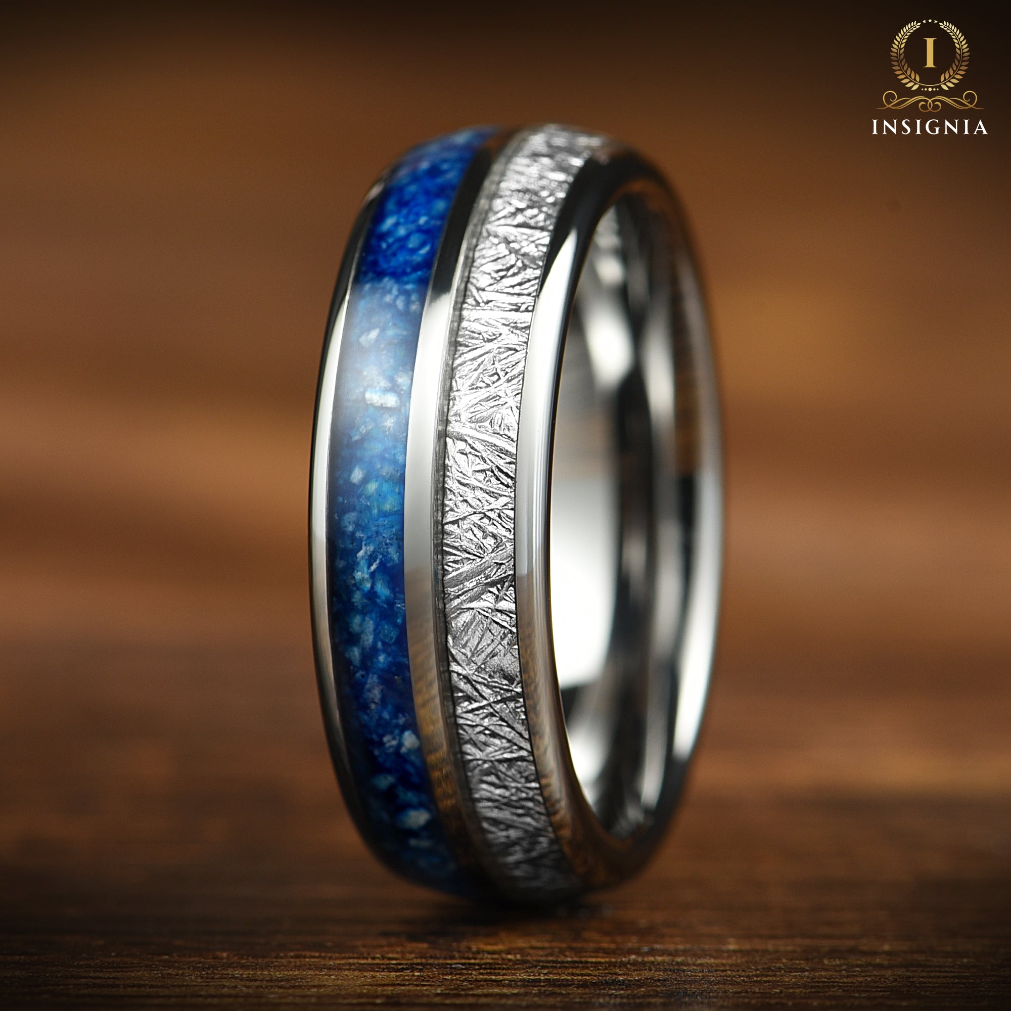 Meteorite & Blue Agate Tungsten Ring 8 / 6 mm - Tungsten Carbide Wedding / Engagement / Promise Ring for Him & Her - Women & Mens Wedding Band Unique - Birthday Anniversary Gift - INSIGNIA