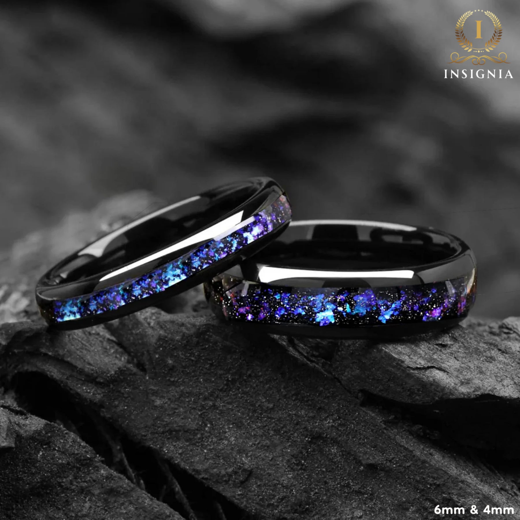 Galaxy Nebula His and Hers Couple Wedding Bands 4/ 6 mm - Tungsten Blue Sandstone Promise Rings for Couples - Dome Matching Ring Set - INSIGNIA