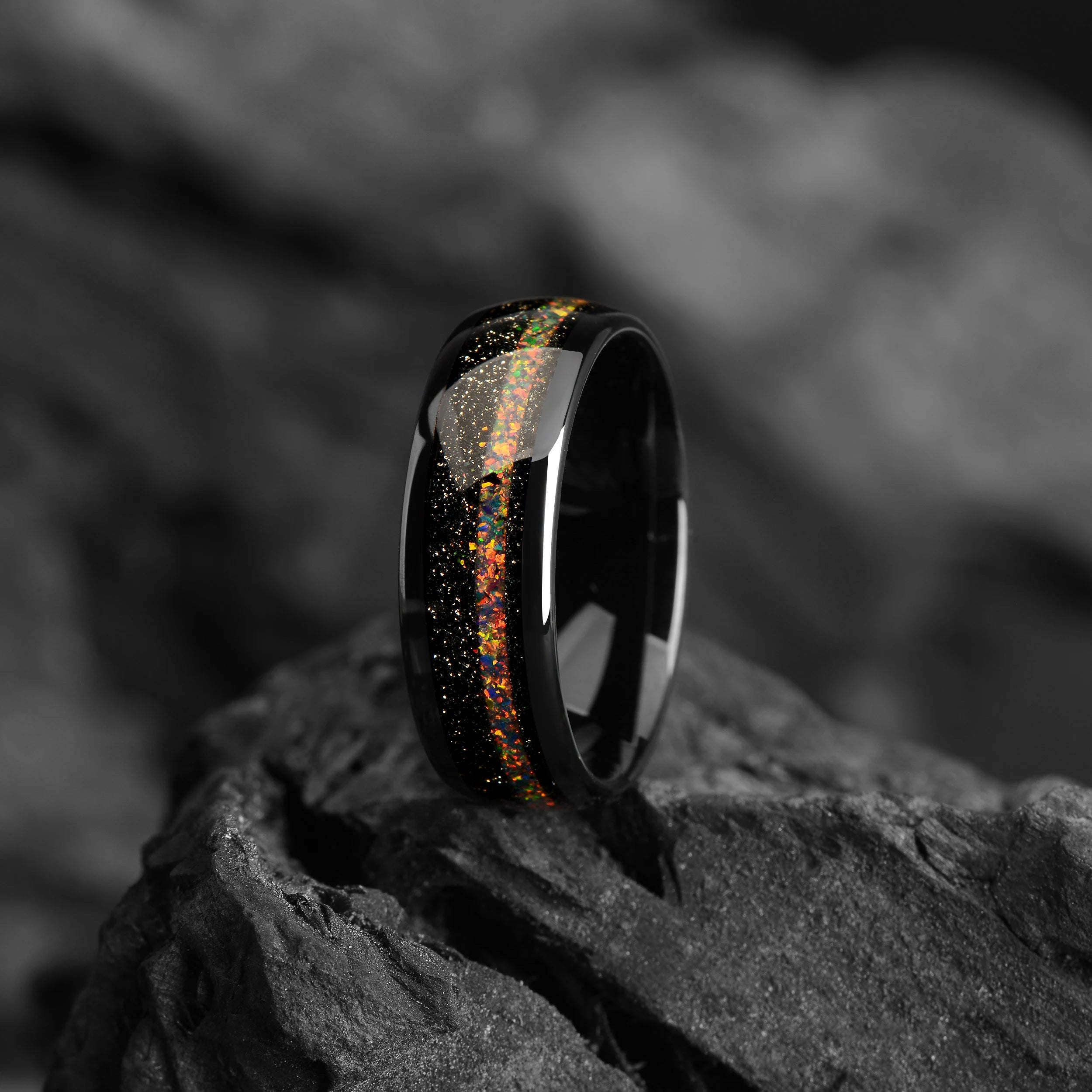 Galaxy Fire Opal Tungsten Wedding Ring Black - 8/4 mm - Outer Space Ring Mens - Promise Ring for Him - Men Solid Opal Wedding Band - INSIGNIA