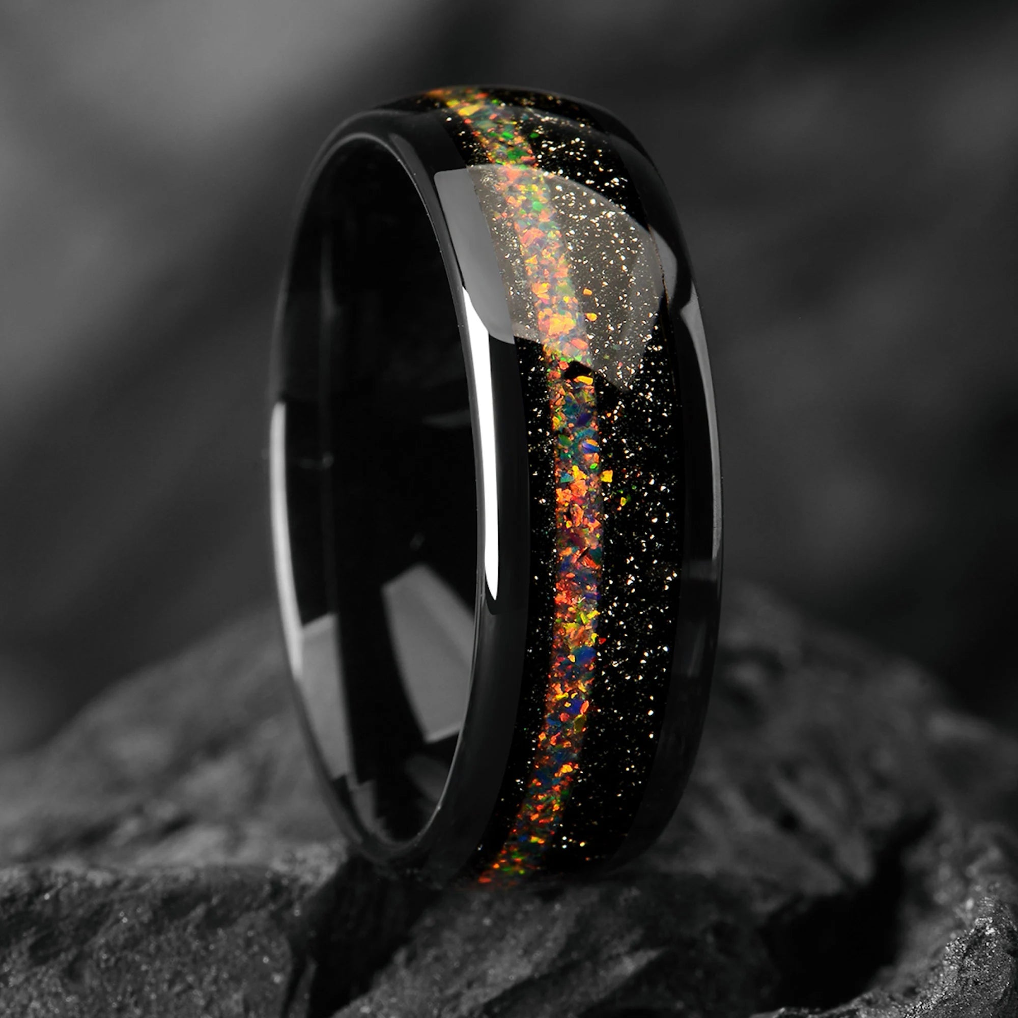 Galaxy Fire Opal Tungsten Wedding Ring Black - 8/4 mm - Outer Space Ring Mens - Promise Ring for Him - Men Solid Opal Wedding Band - INSIGNIA