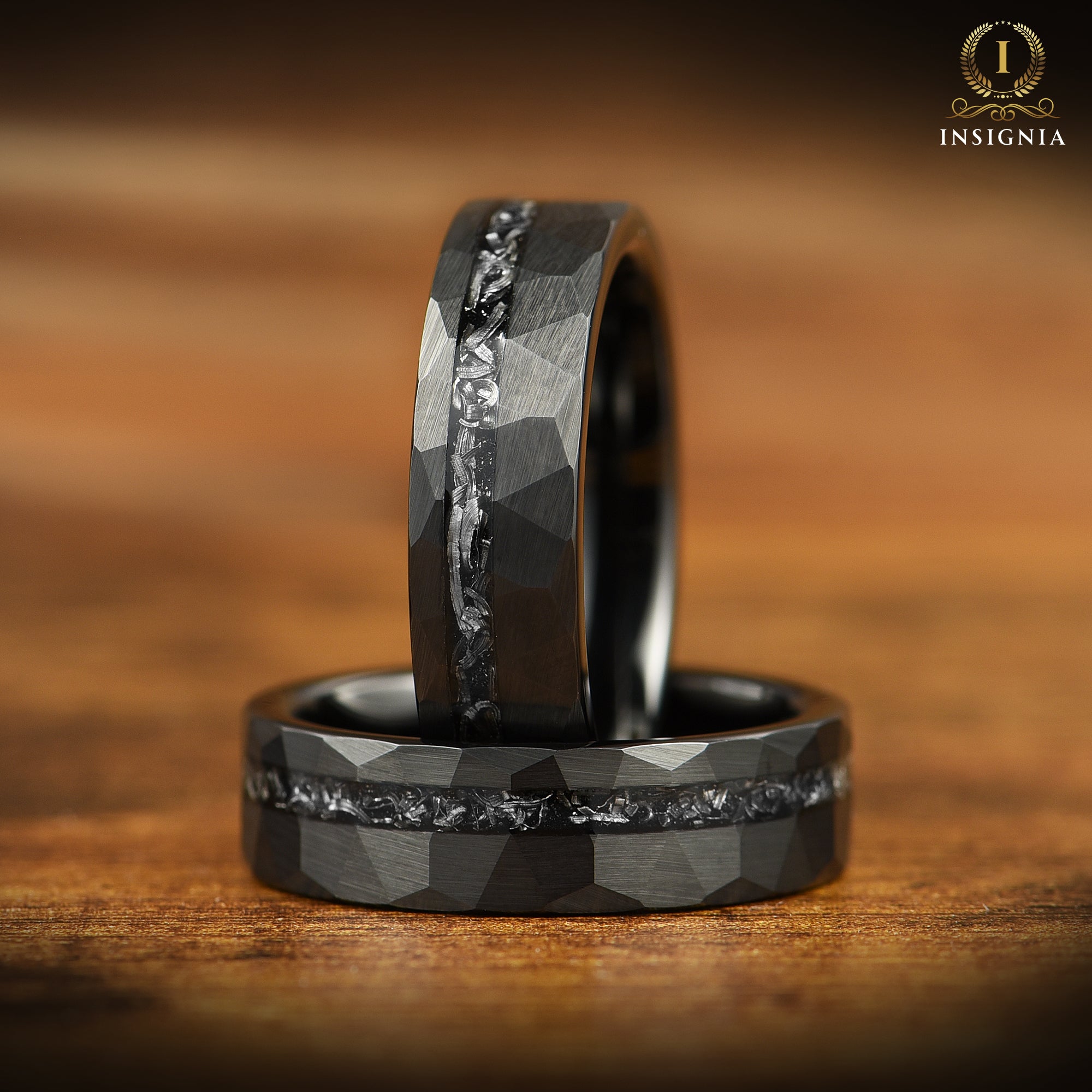 WEDDING RINGS SET REAL METEORITE PREMIUM TUNGSTEN BLACK (8/6 MM)