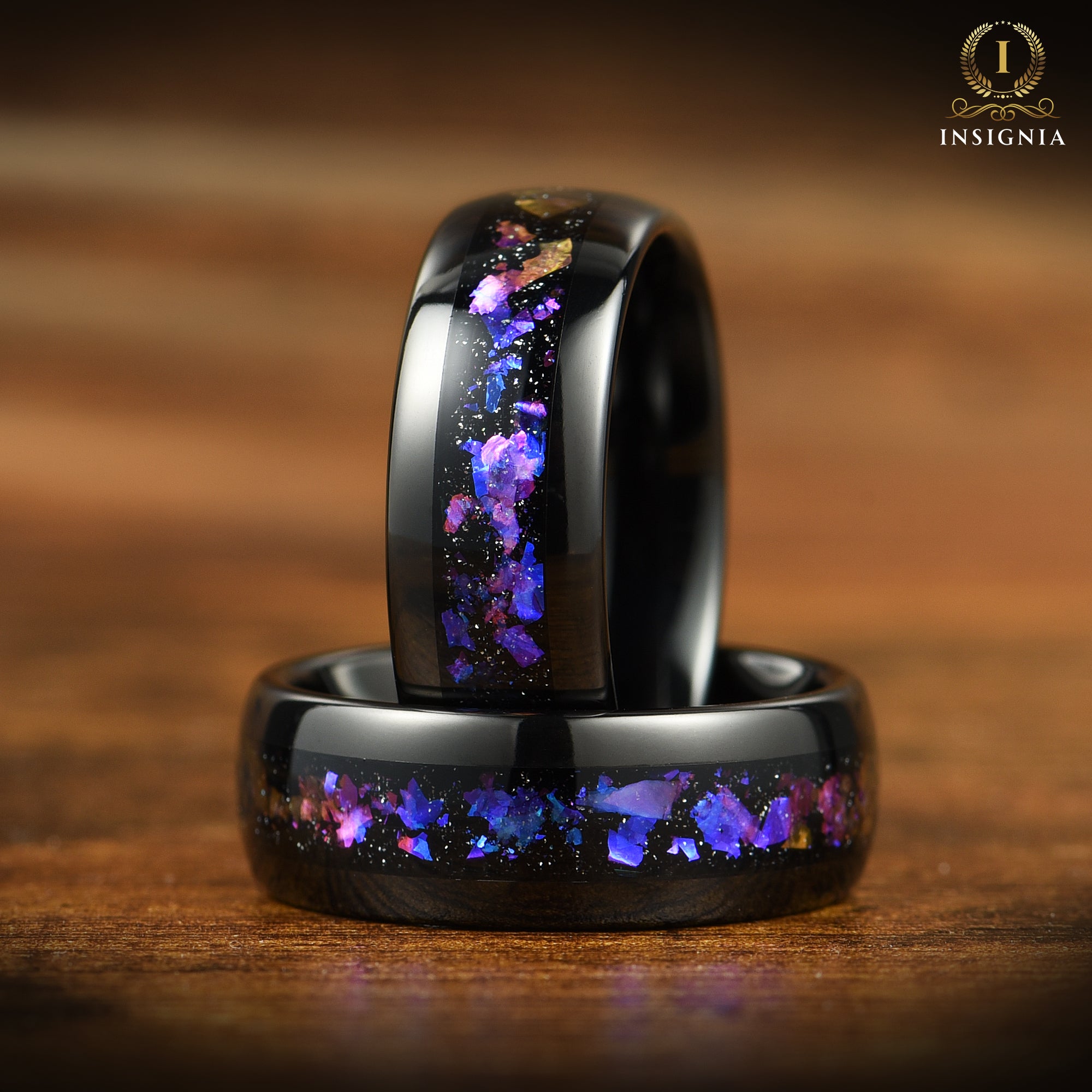 WEDDING RING SET BLACK ORION NEBULA BLUE SANDSTONE TUNGSTEN (8/6MM)