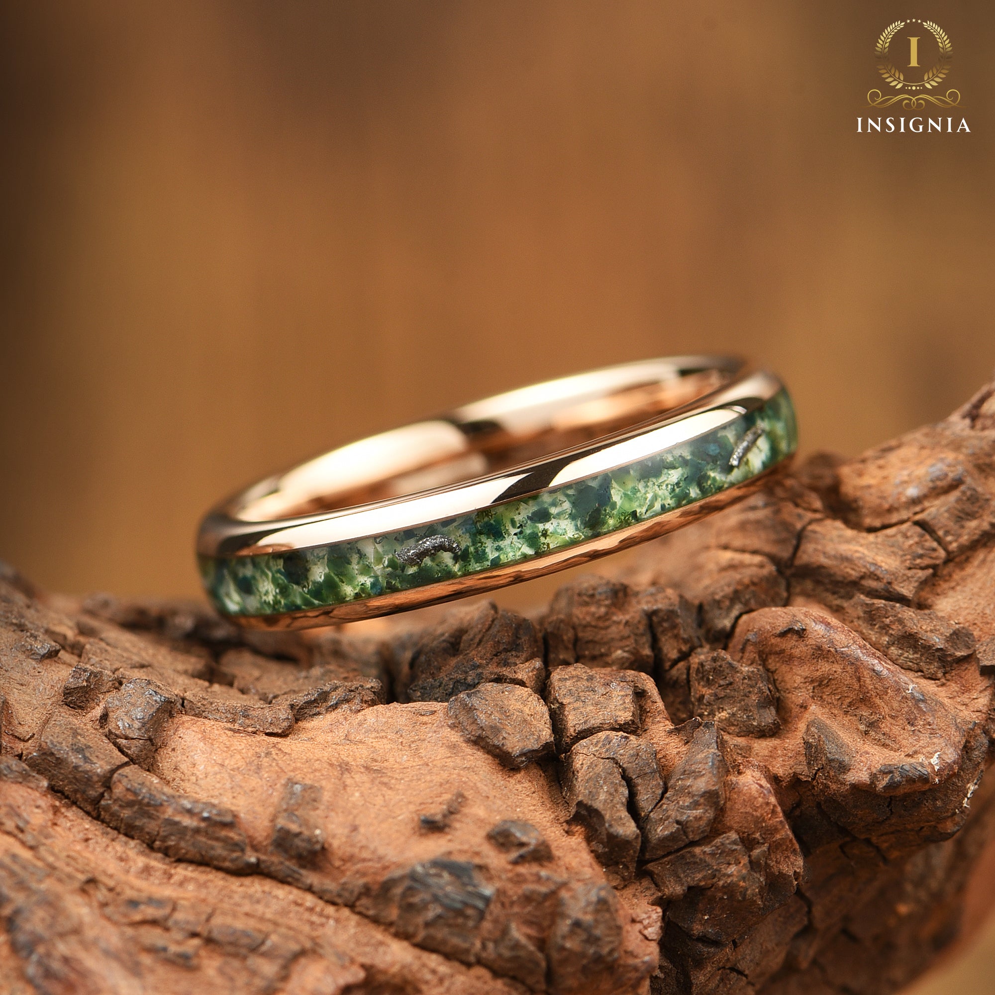 LADIES WEDDING RING MOSS AGATE REAL METEORITE TUNGSTEN (4MM)