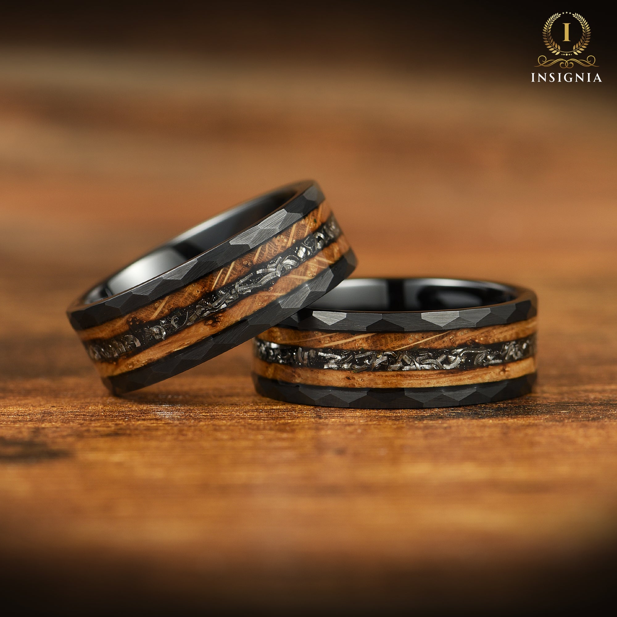 MALE WEDDING RING REAL METEORITE WHISKEY BARREL WOOD TUNGSTEN (8MM)