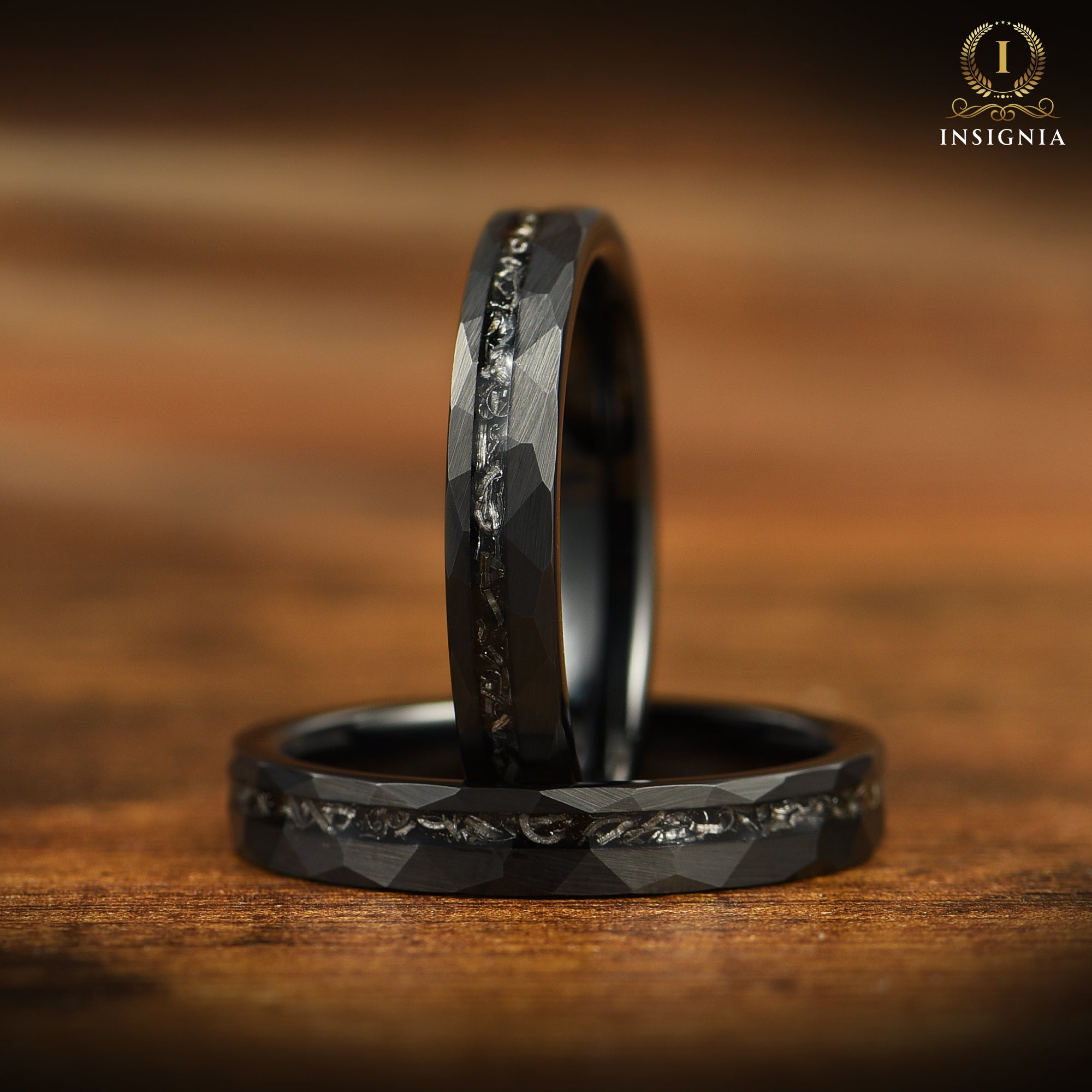 WEDDING RING SET REAL METEORITE TUNGSTEN CARBIDE BLACK (8/4 MM)