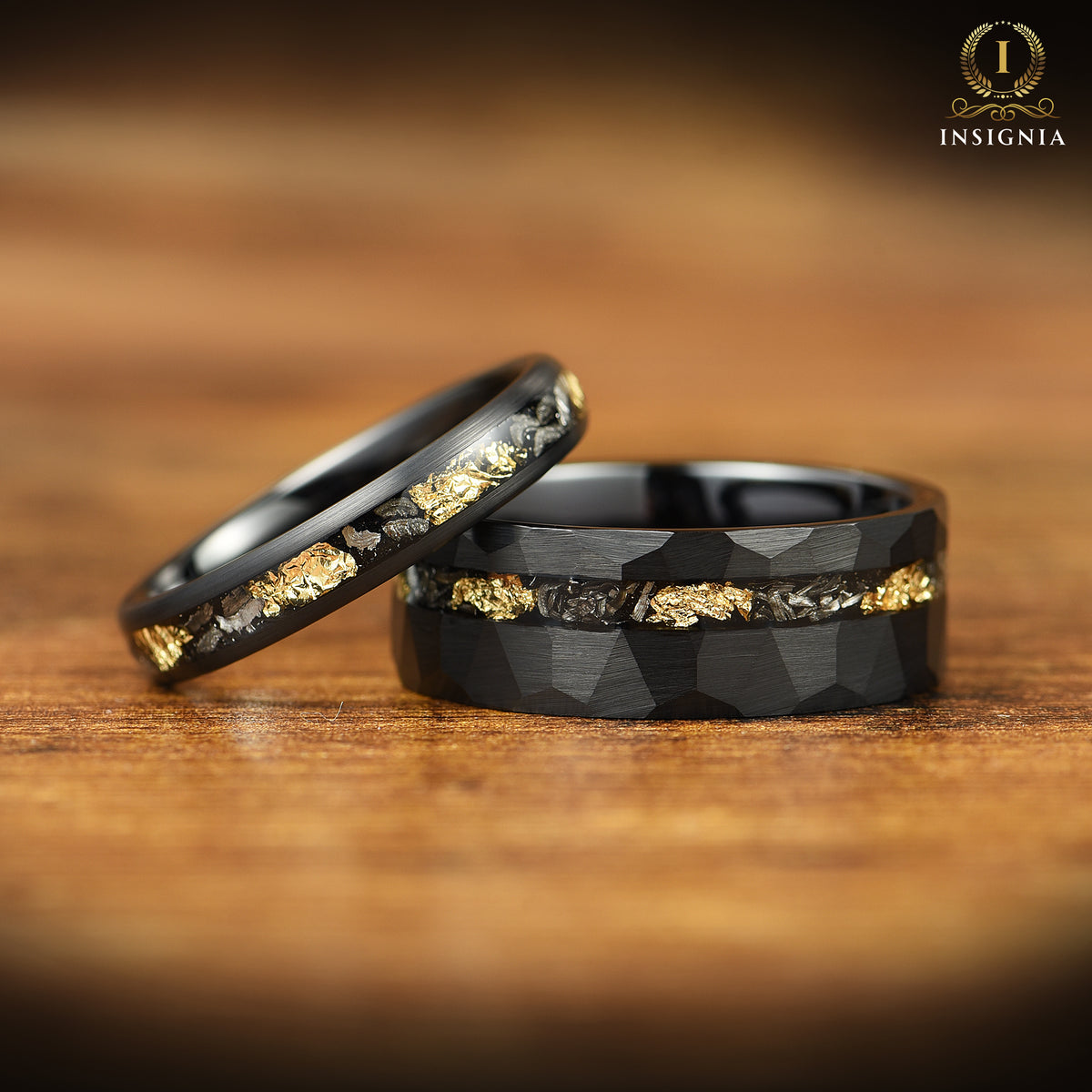 WEDDING RING SET REAL METEORITE 18K GOLD LEAF BLACK TUNGSTEN (8/4MM)