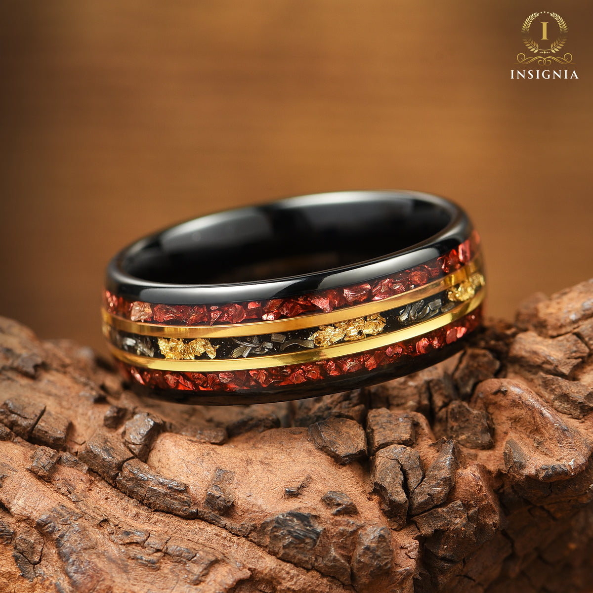 MARRIAGE RING MALE METEORITE GARNET TUNGSTEN & 18K GOLD LEAF (8MM)