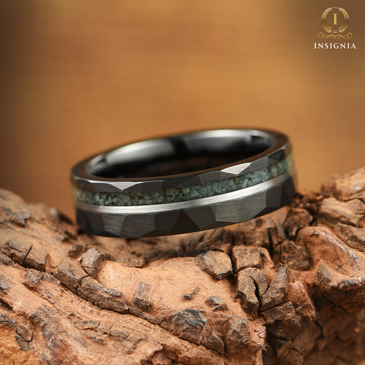 MOSS AGATE WEDDING RING BLACK TUNGSTEN UNISEX (6MM)