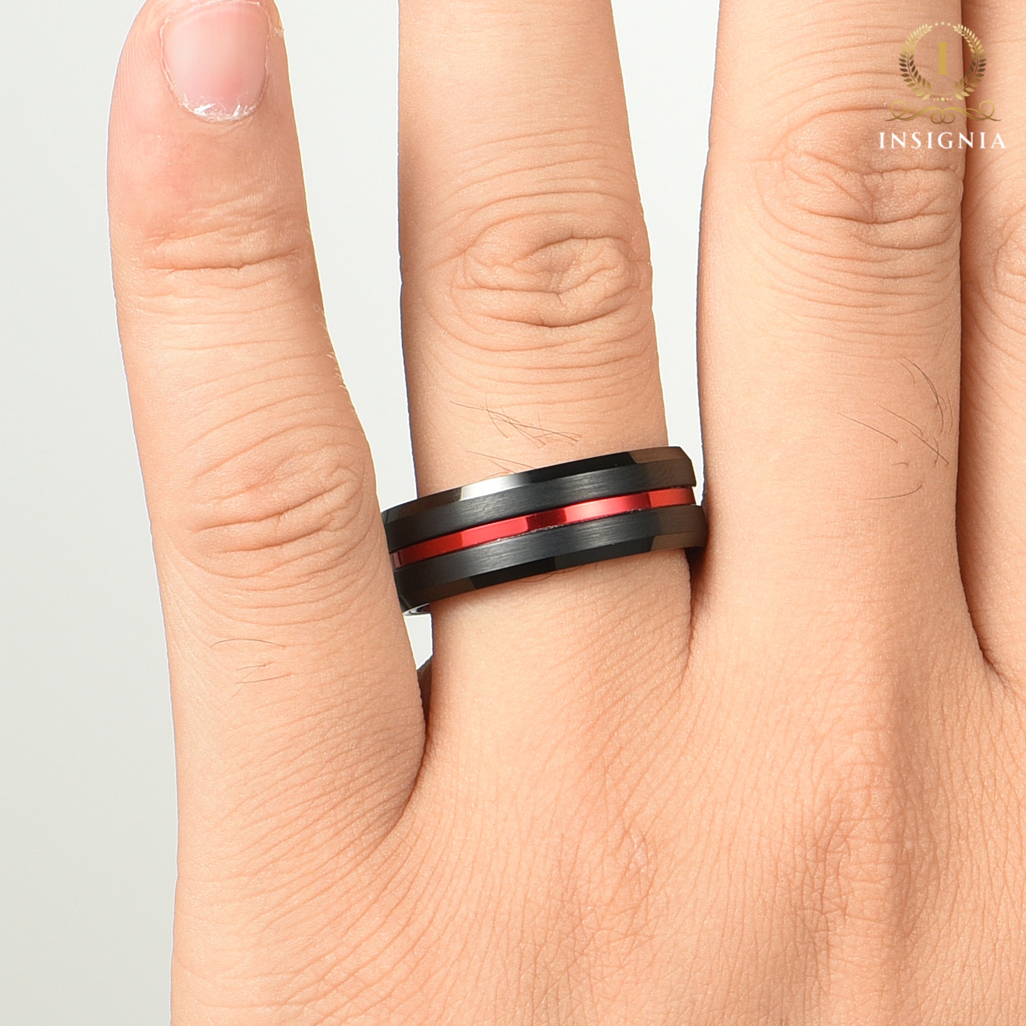 Red & Black Tungsten Ring 8mm & 6mm - Custom Engraved Simple Two Tone Ring - INSIGNIA