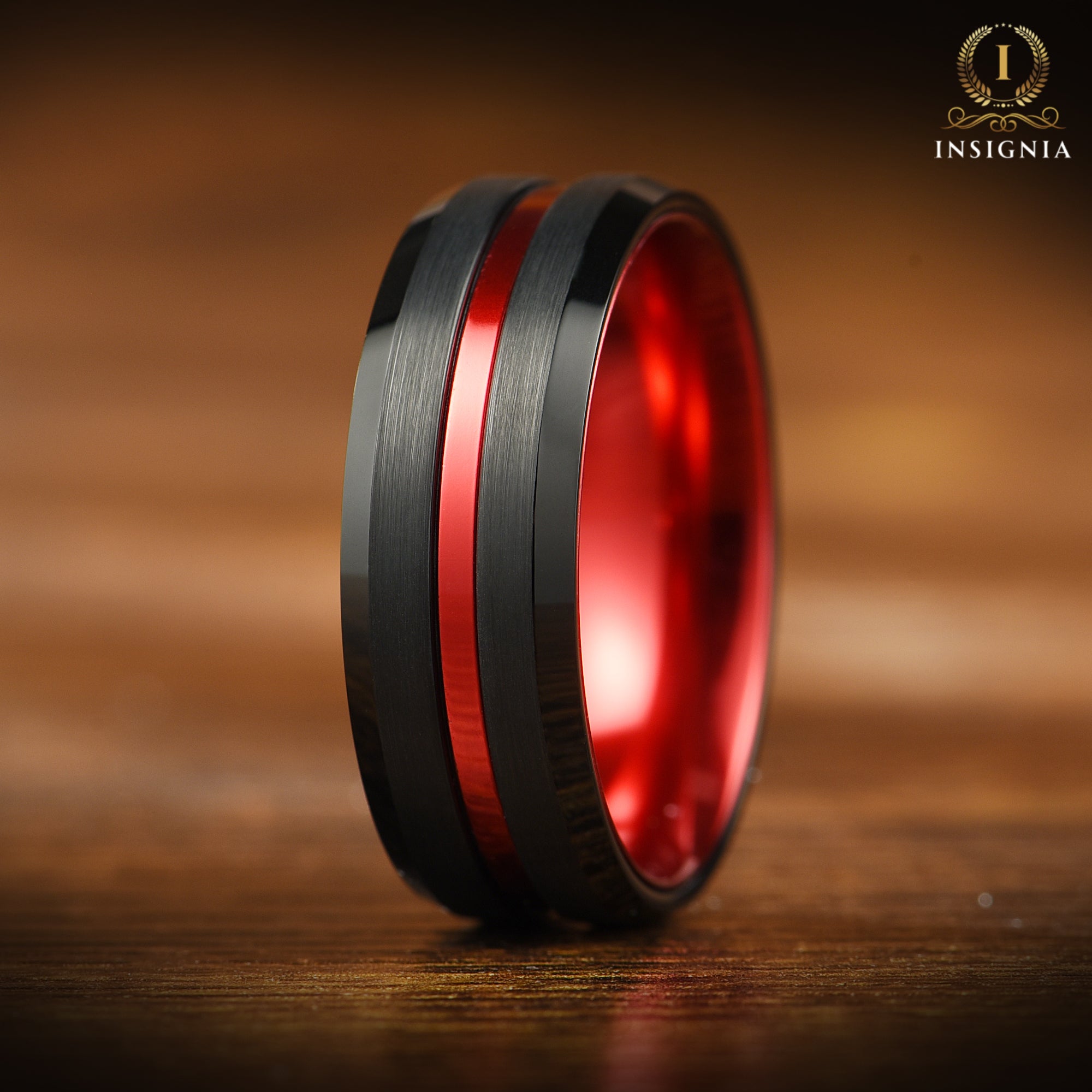 Red & Black Tungsten Ring 8mm & 6mm - Custom Engraved Simple Two Tone Ring - INSIGNIA