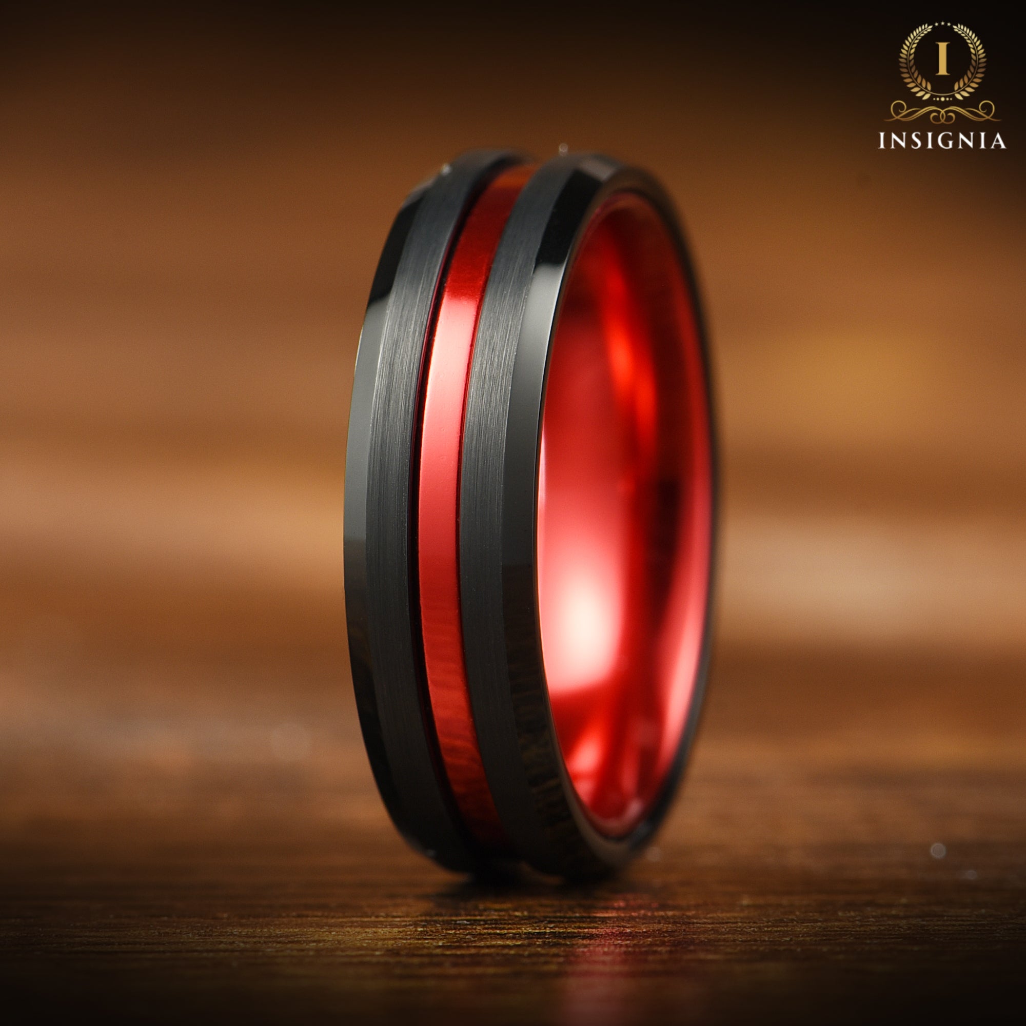 Red & Black Tungsten Ring 8mm & 6mm - Custom Engraved Simple Two Tone Ring - INSIGNIA