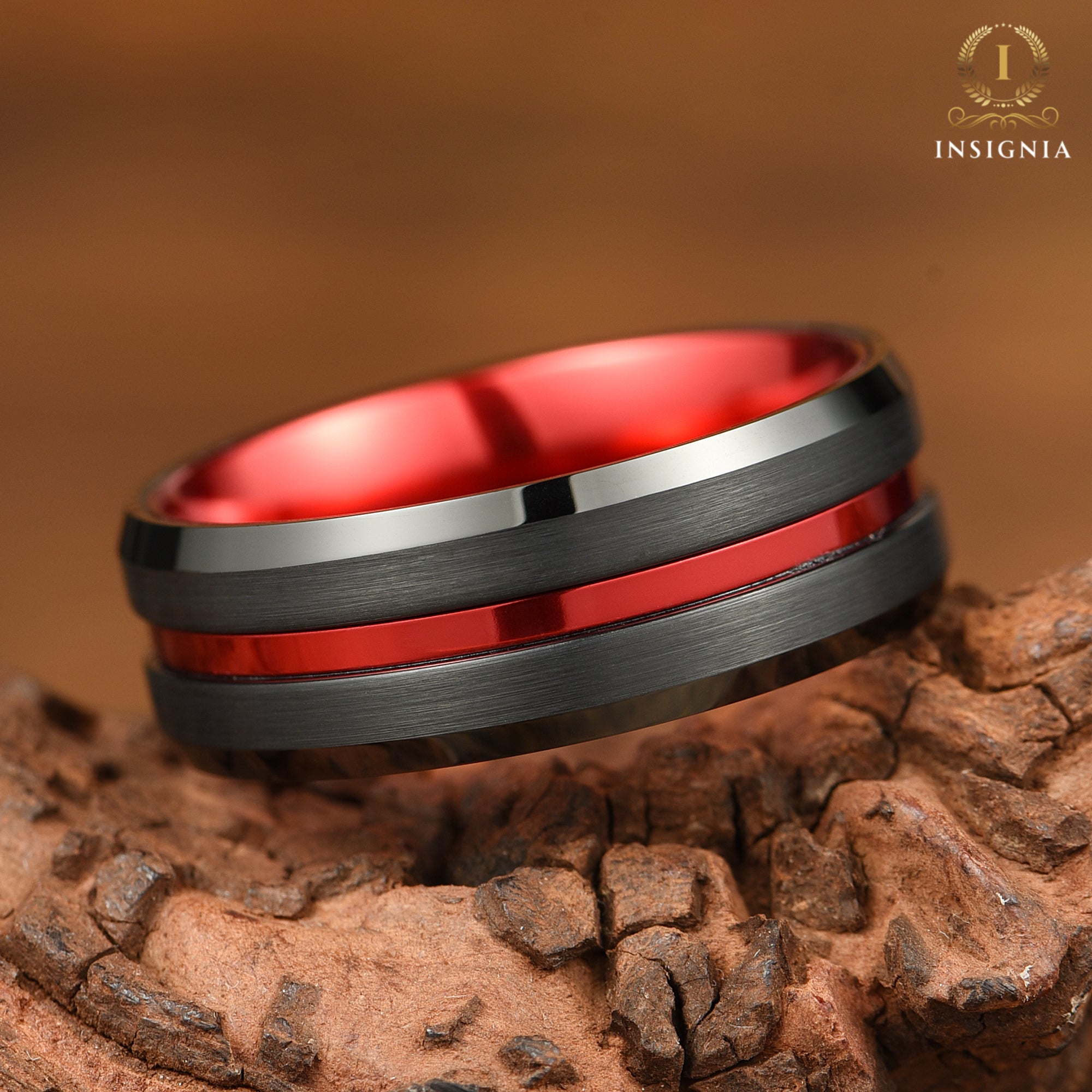 Red & Black Tungsten Ring 8mm & 6mm - Custom Engraved Simple Two Tone Ring - INSIGNIA