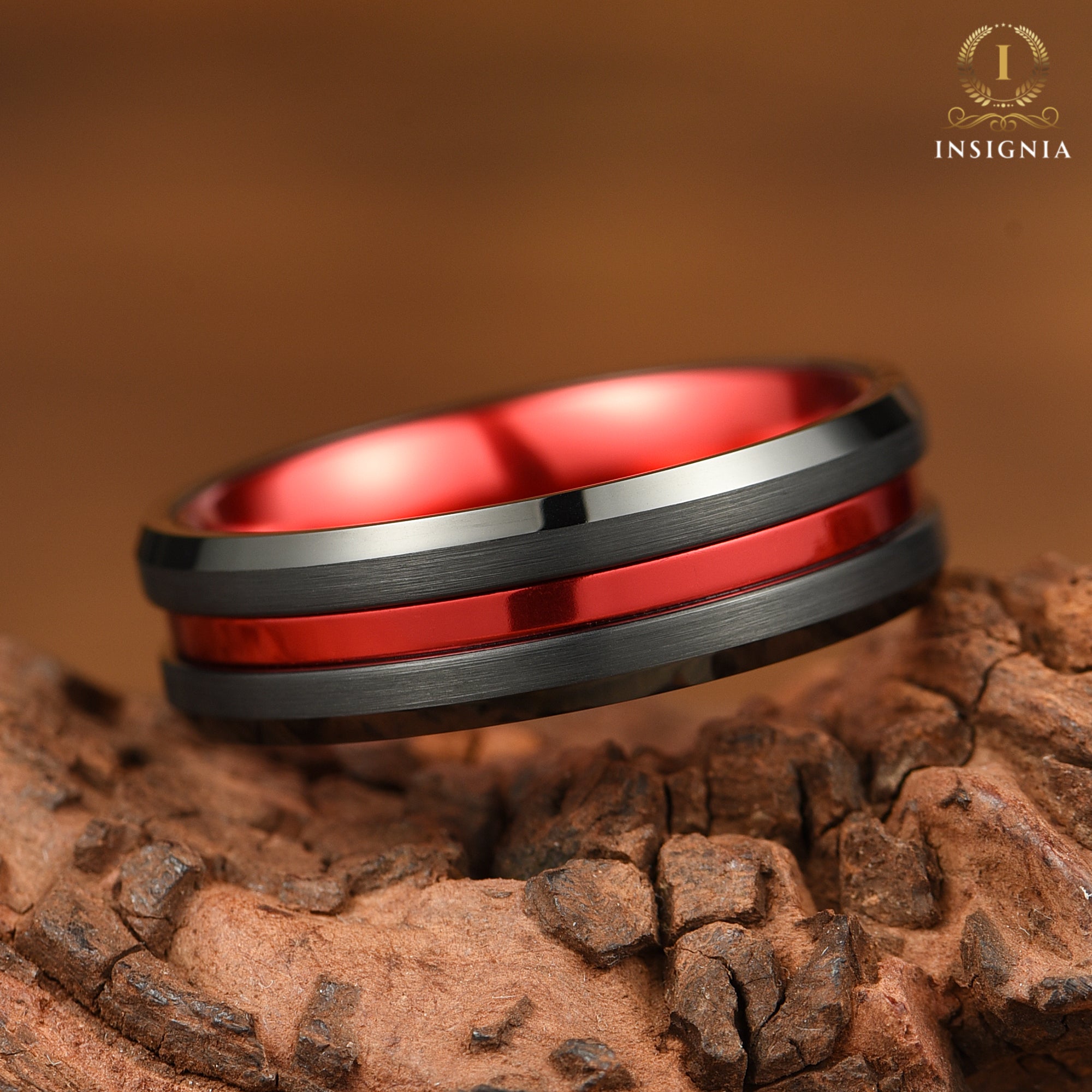 Red & Black Tungsten Ring 8mm & 6mm - Custom Engraved Simple Two Tone Ring - INSIGNIA