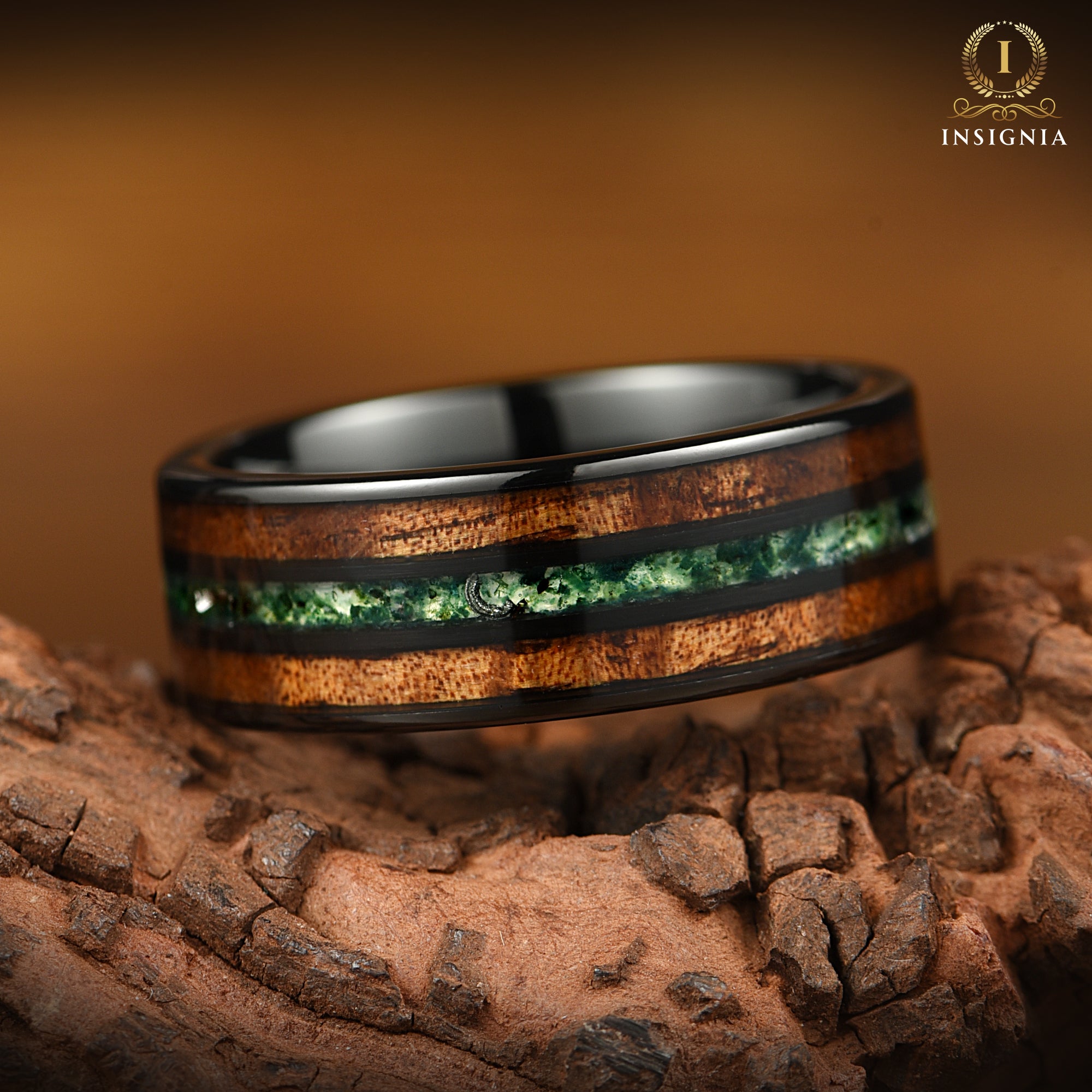 Moss Agate, Meteorite & Smoked Koa Wood Black Tungsten Ring for Men 8mm - Two Tone Mens Engagement Ring/ Wedding band Unique - Nature Inspired Promise Ring for Him - Birthday Anniversary Gift - INSIGNIA