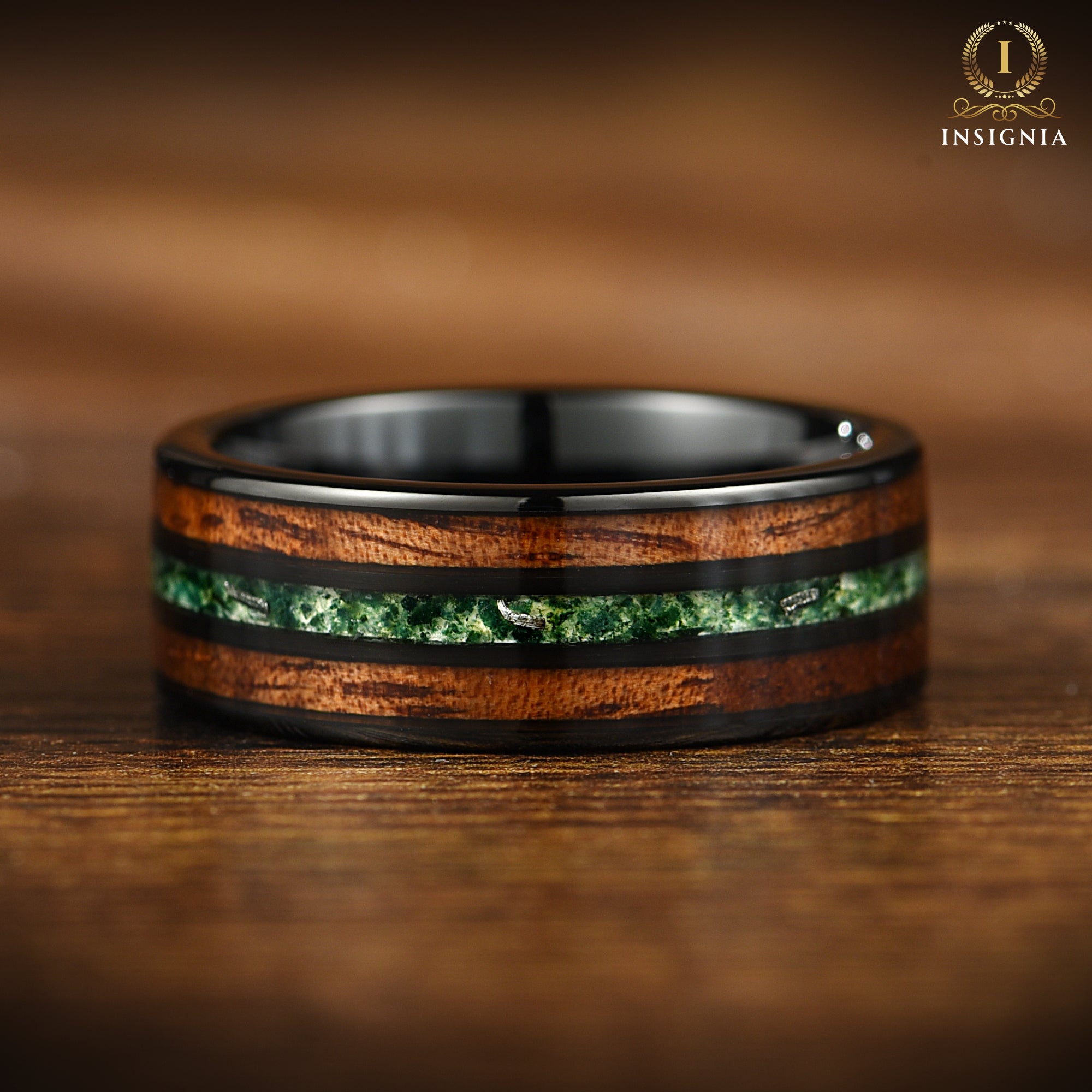 Moss Agate, Meteorite & Smoked Koa Wood Black Tungsten Ring for Men 8mm - Two Tone Mens Engagement Ring/ Wedding band Unique - Nature Inspired Promise Ring for Him - Birthday Anniversary Gift - INSIGNIA