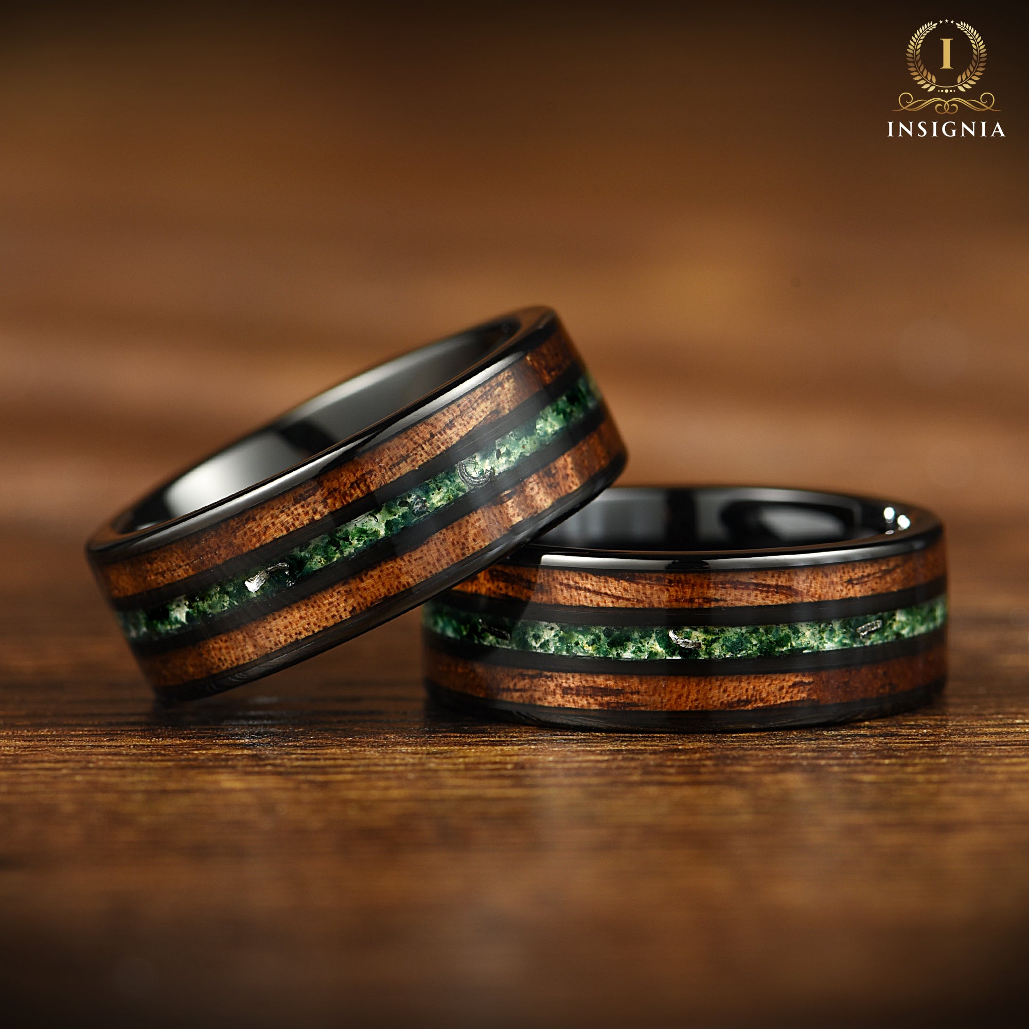 Moss Agate, Meteorite & Smoked Koa Wood Black Tungsten Ring for Men 8mm - Two Tone Mens Engagement Ring/ Wedding band Unique - Nature Inspired Promise Ring for Him - Birthday Anniversary Gift - INSIGNIA