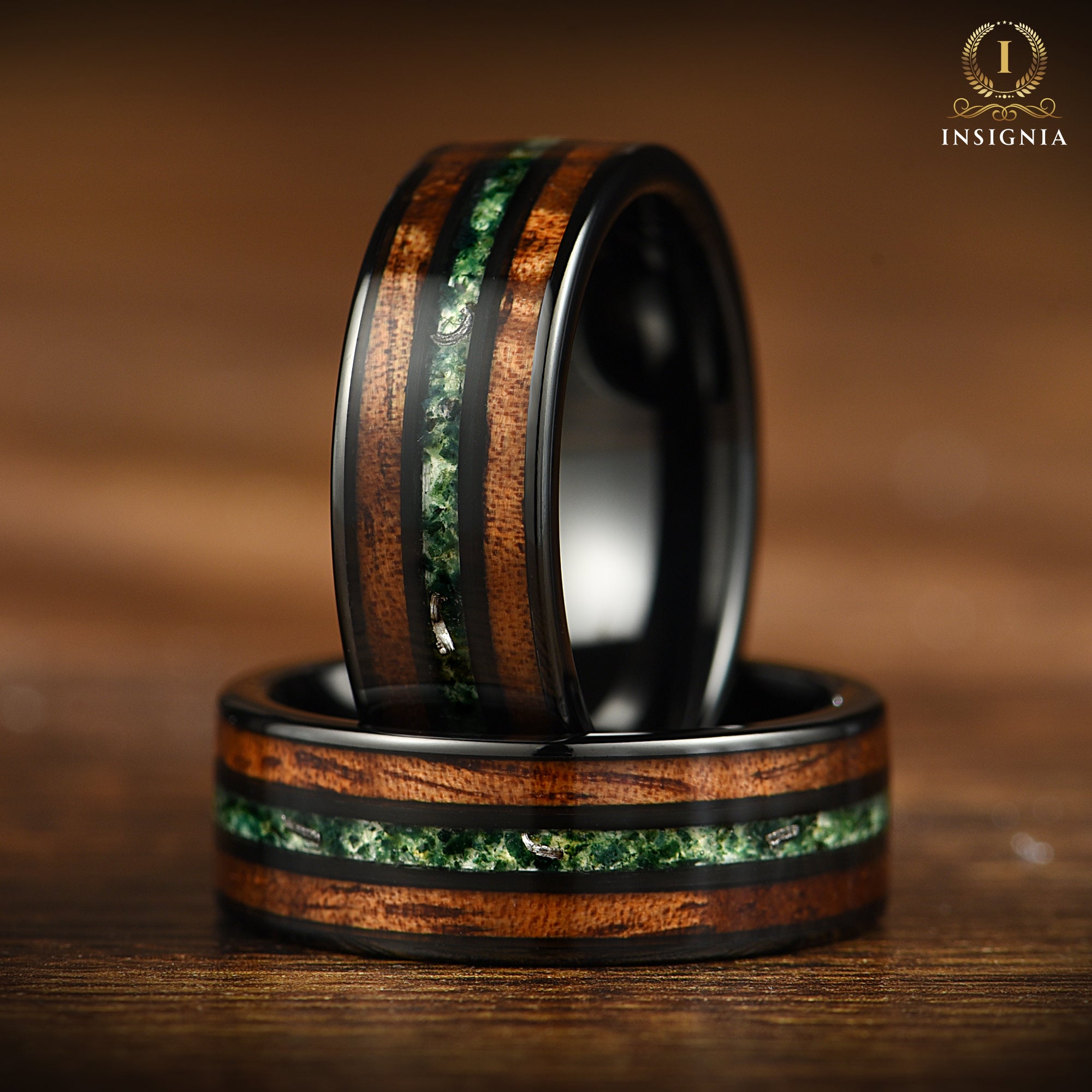 Moss Agate, Meteorite & Smoked Koa Wood Black Tungsten Ring for Men 8mm - Two Tone Mens Engagement Ring/ Wedding band Unique - Nature Inspired Promise Ring for Him - Birthday Anniversary Gift - INSIGNIA