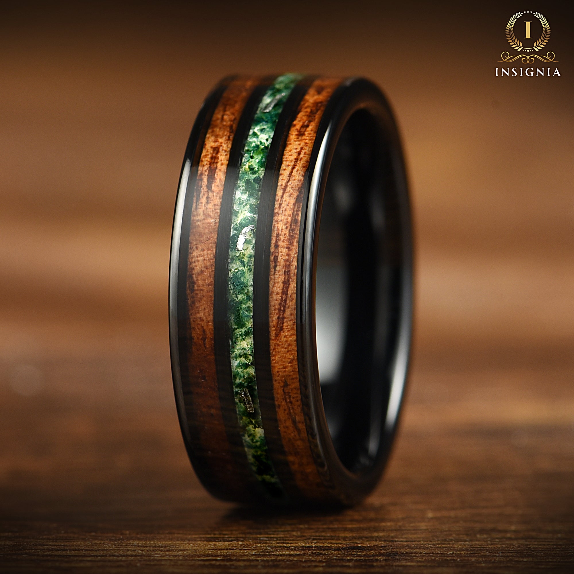 Moss Agate, Meteorite & Smoked Koa Wood Black Tungsten Ring for Men 8mm - Two Tone Mens Engagement Ring/ Wedding band Unique - Nature Inspired Promise Ring for Him - Birthday Anniversary Gift - INSIGNIA