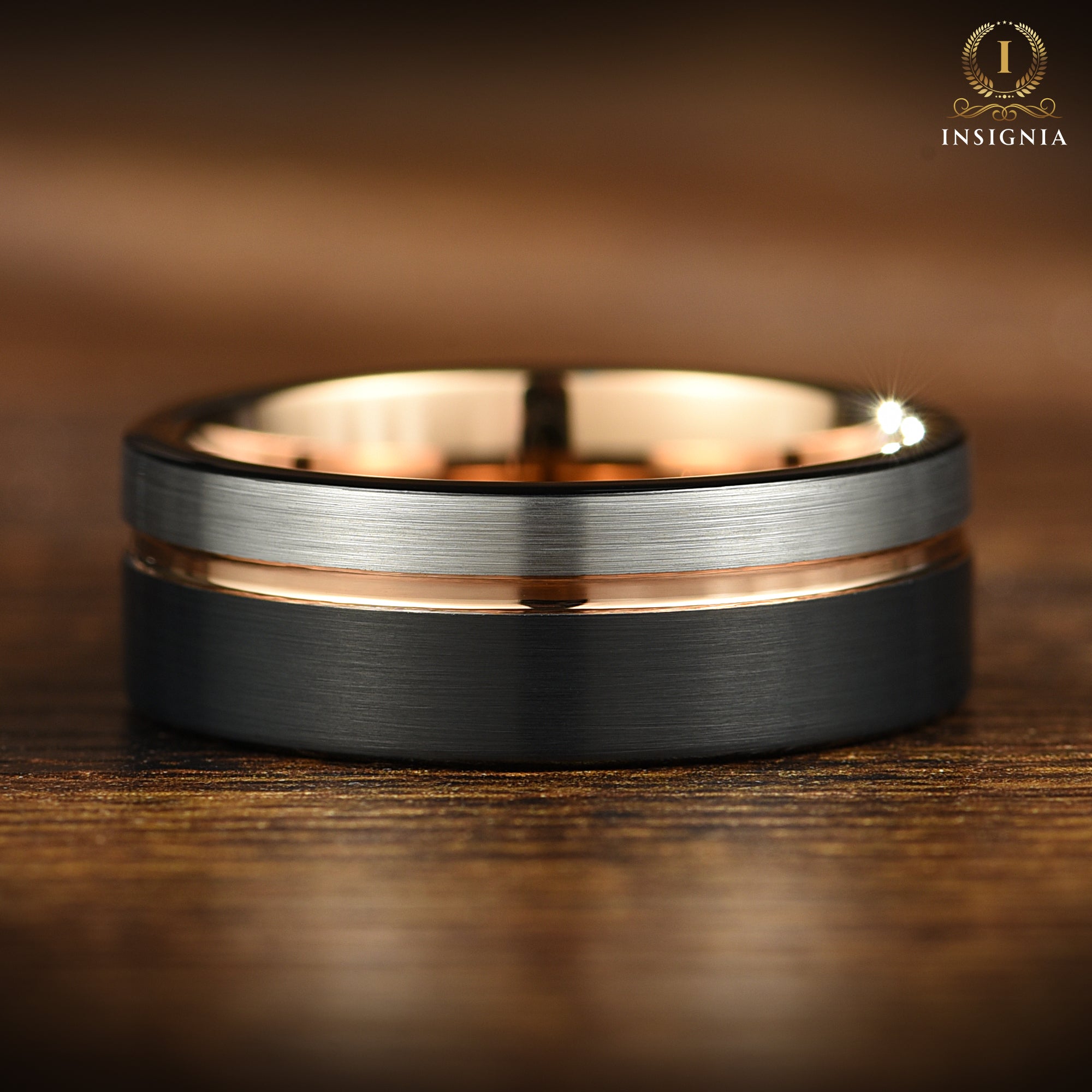 Black & Silver Two Tone Brushed Rose Gold Tungsten Ring for Men 8mm - Men's Unique Wedding Band - Engagement/ Promise Ring for Him - Custom Engraved - INSIGNIA