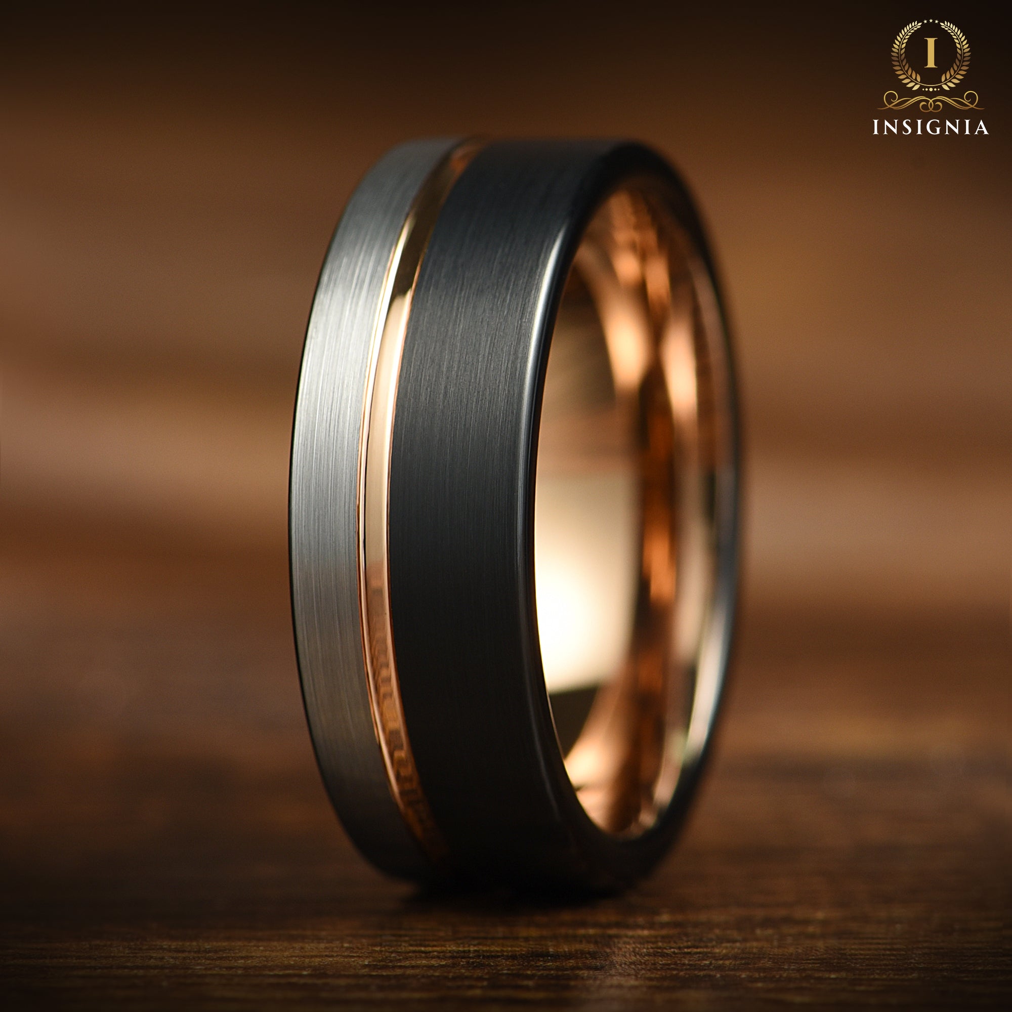 Black & Silver Two Tone Brushed Rose Gold Tungsten Ring for Men 8mm - Men's Unique Wedding Band - Engagement/ Promise Ring for Him - Custom Engraved - INSIGNIA