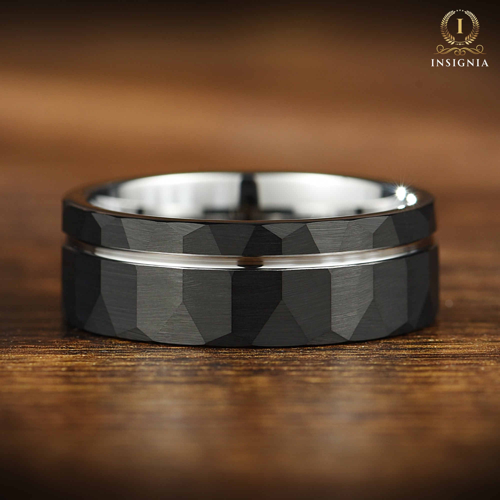 Hammered Silver & Black Wedding Ring With White Gold Strip 8mm - Simple Promise/Engagement Ring for Him - Unique Mens Tungsten Carbide Band - INSIGNIA