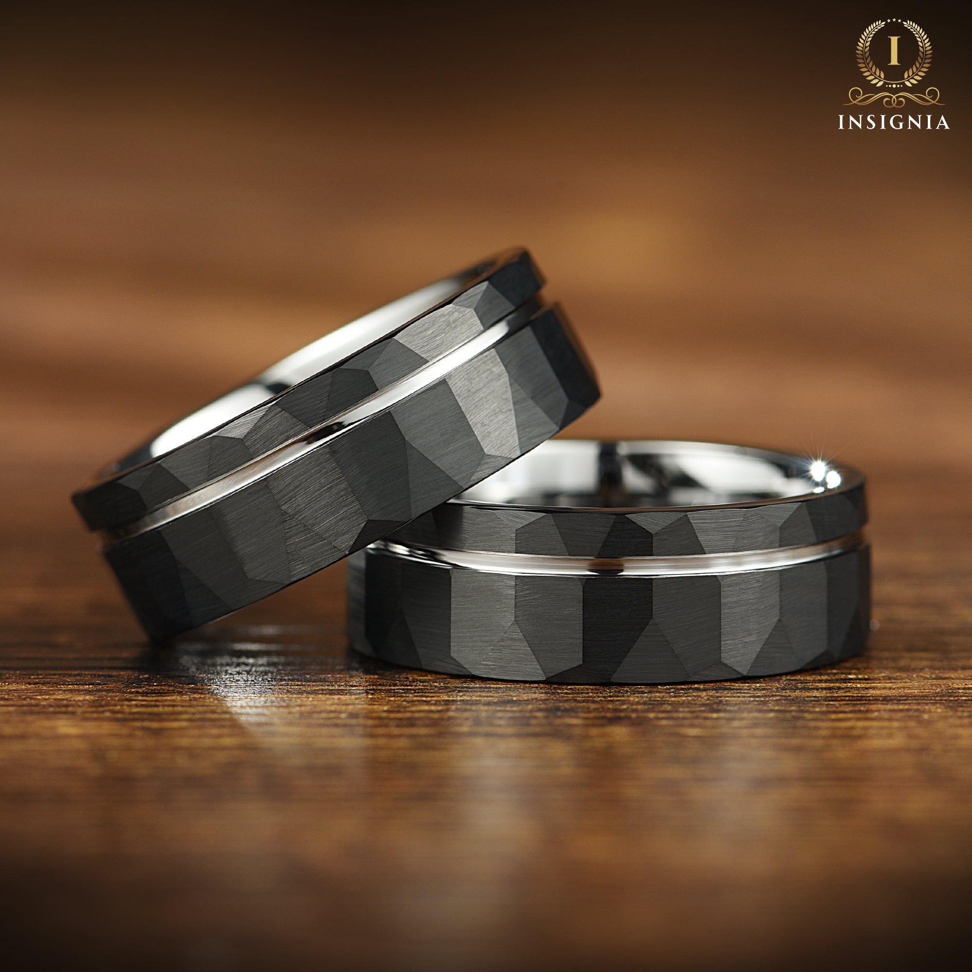 Hammered Silver & Black Wedding Ring With White Gold Strip 8mm - Simple Promise/Engagement Ring for Him - Unique Mens Tungsten Carbide Band - INSIGNIA