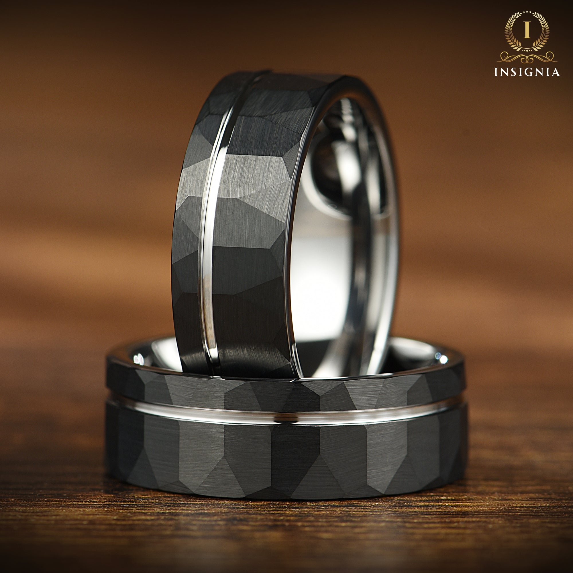 Hammered Silver & Black Wedding Ring With White Gold Strip 8mm - Simple Promise/Engagement Ring for Him - Unique Mens Tungsten Carbide Band - INSIGNIA