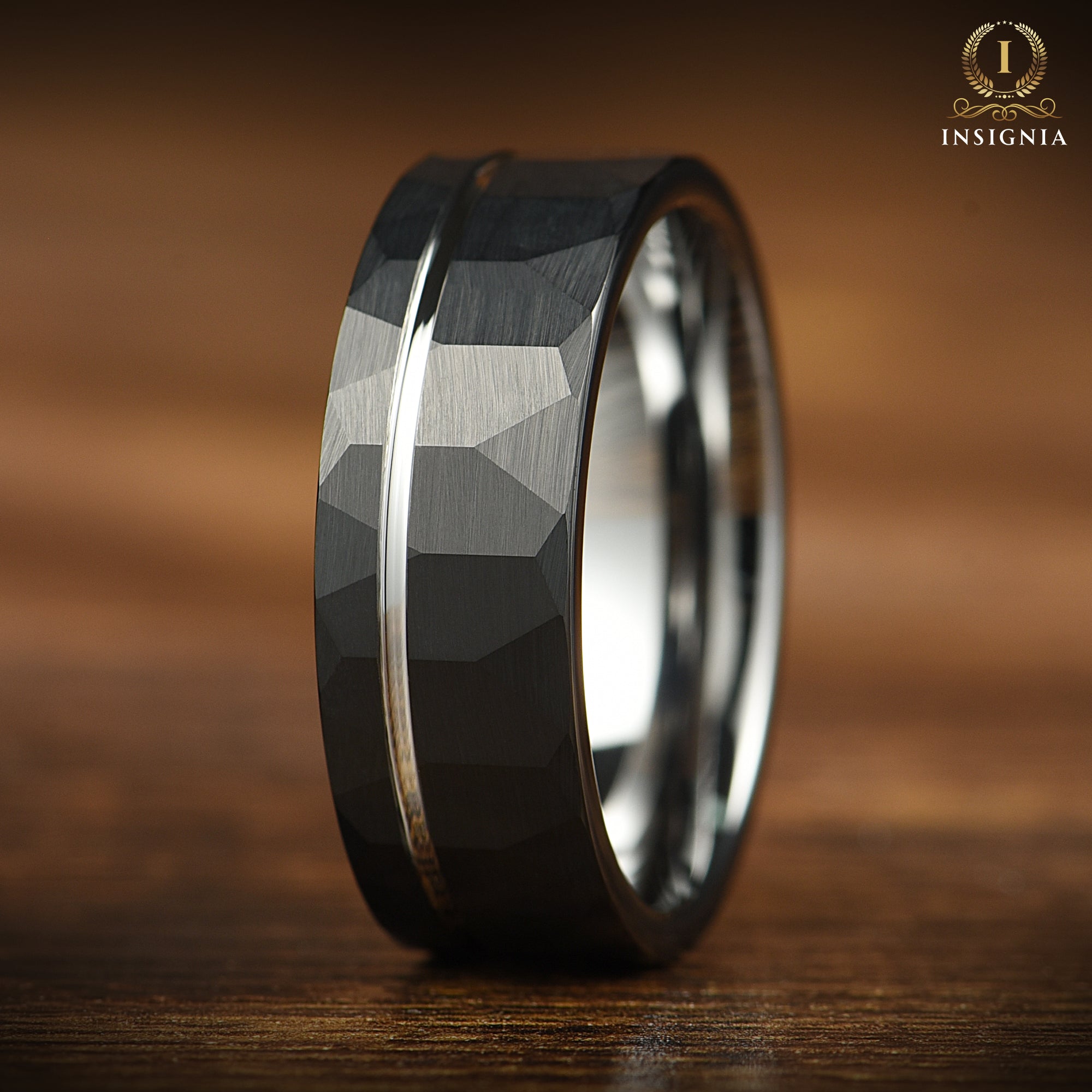 Hammered Silver & Black Wedding Ring With White Gold Strip 8mm - Simple Promise/Engagement Ring for Him - Unique Mens Tungsten Carbide Band - INSIGNIA