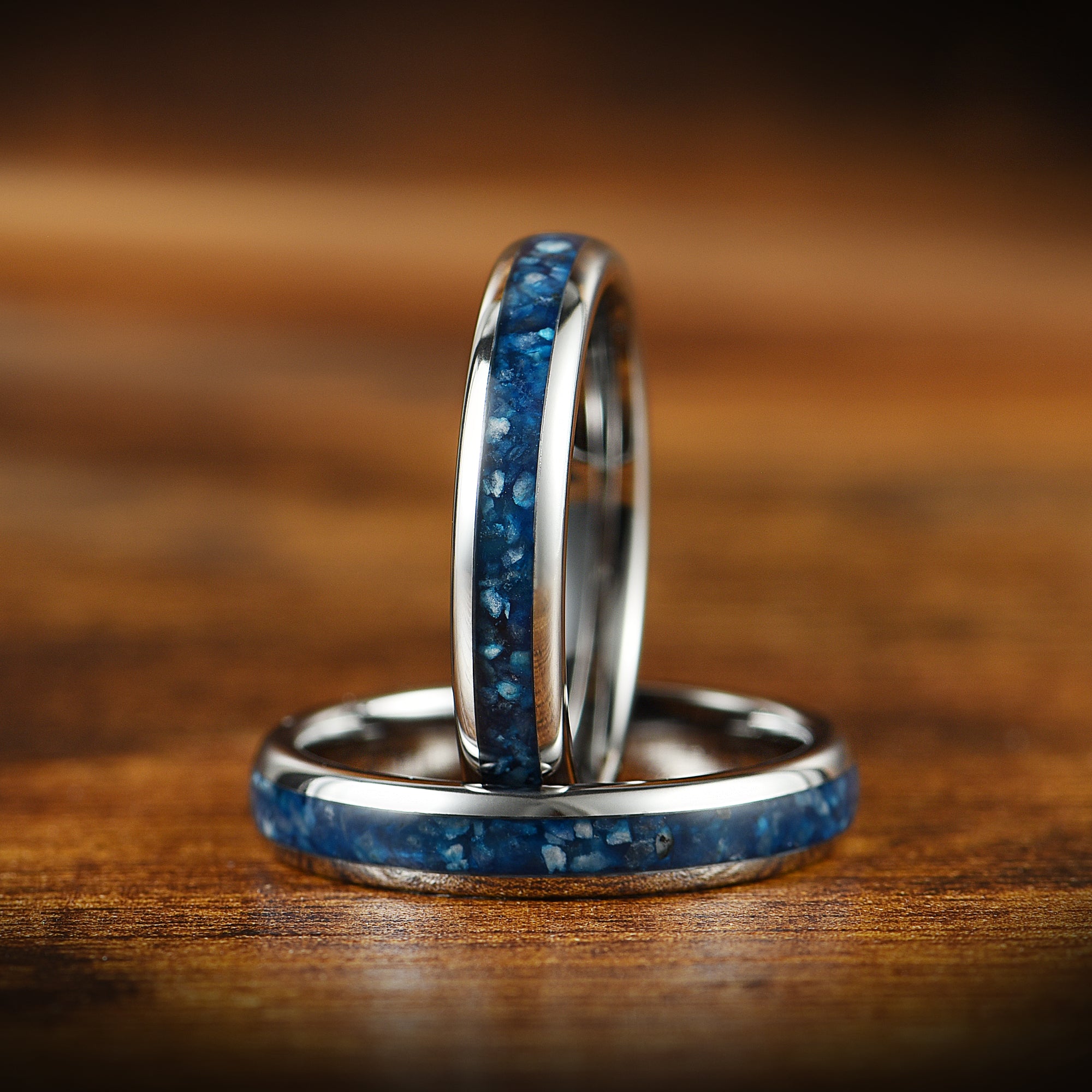 HIS AND HERS SILVER RINGS BLUE AGATE METEORITE 6/4 MM