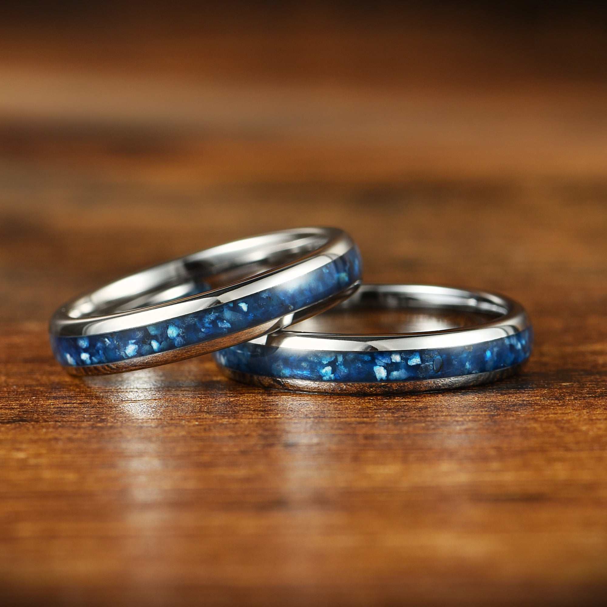HIS AND HERS SILVER RINGS BLUE AGATE METEORITE 6/4 MM