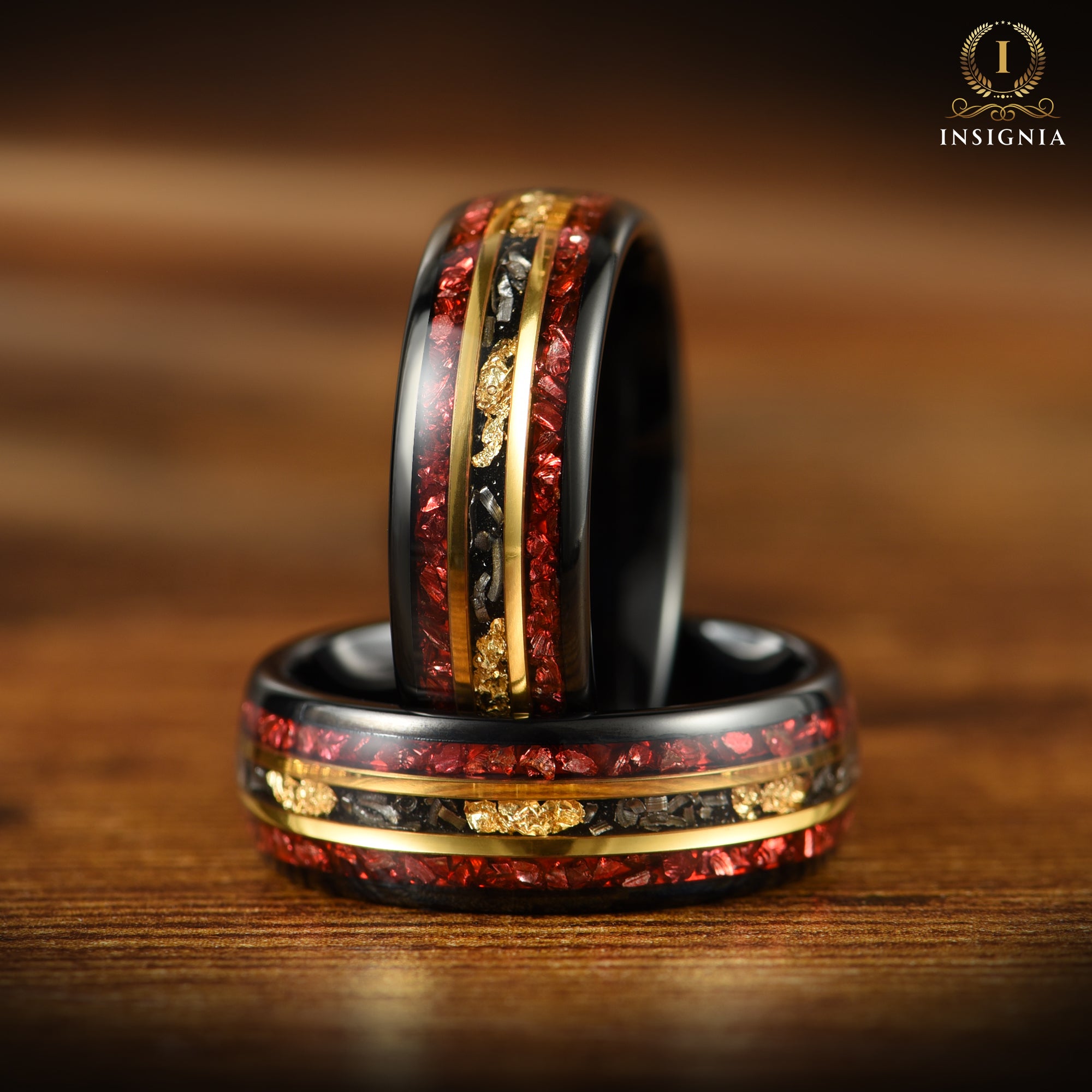 MARRIAGE RING MALE METEORITE GARNET TUNGSTEN & 18K GOLD LEAF (8MM)