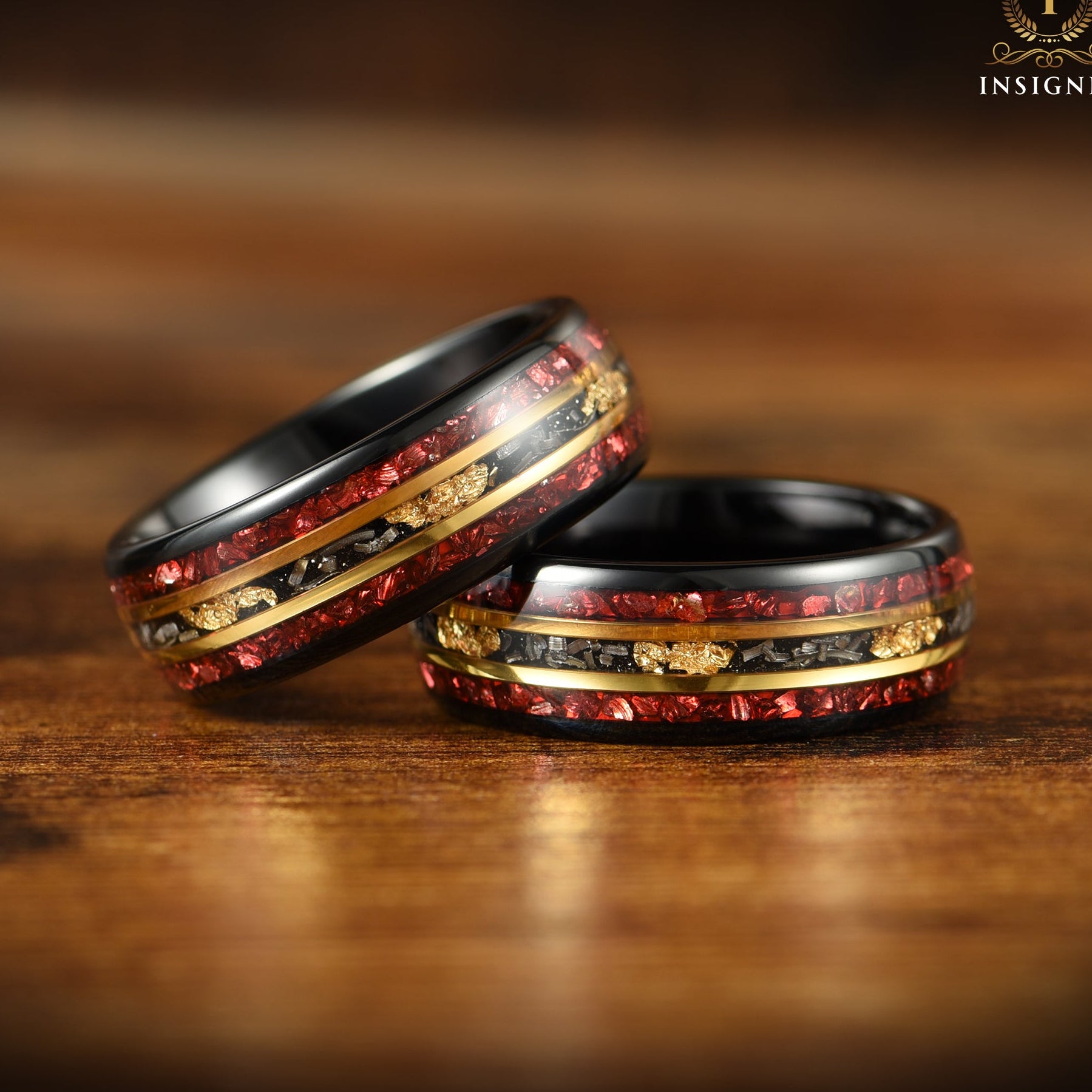 MARRIAGE RING MALE METEORITE GARNET TUNGSTEN & 18K GOLD LEAF (8MM)