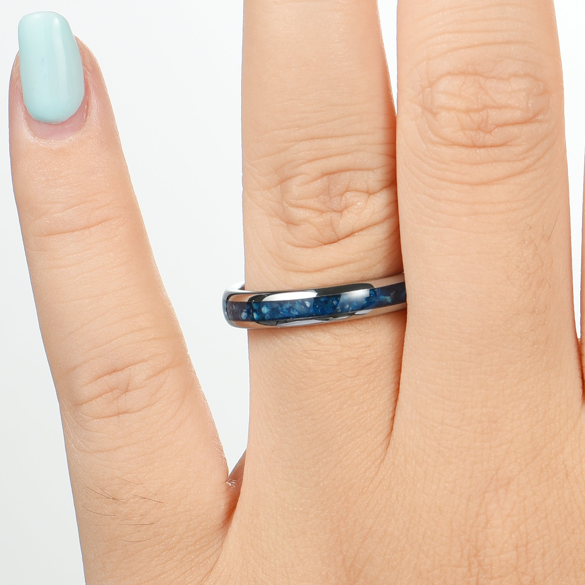 HIS AND HERS SILVER RINGS BLUE AGATE METEORITE 6/4 MM