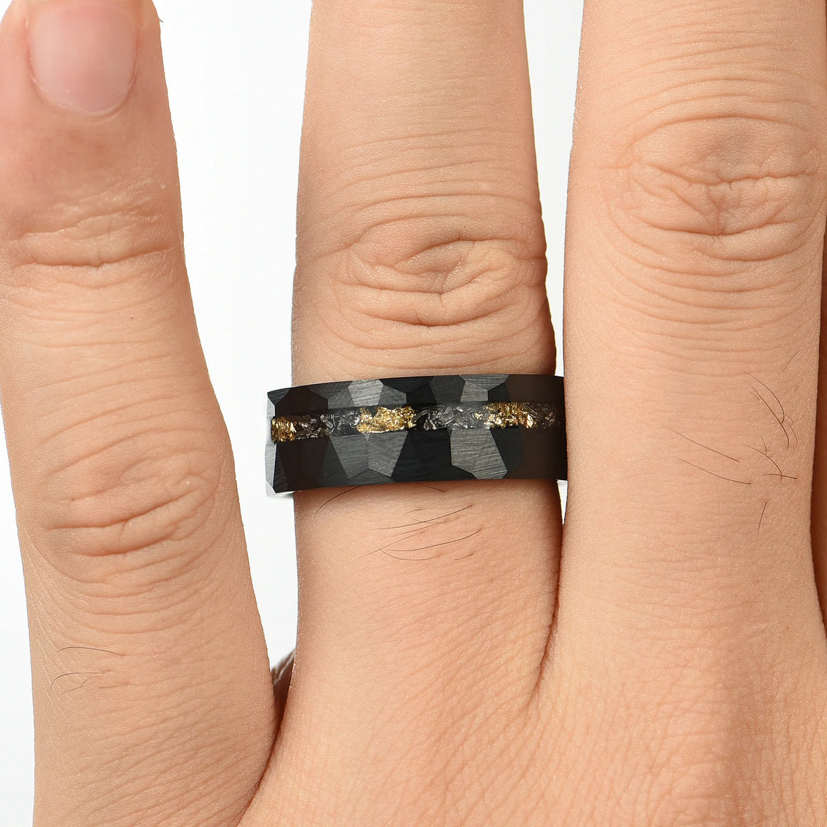 WEDDING RING SET REAL METEORITE 18K GOLD LEAF BLACK TUNGSTEN (8/4MM)