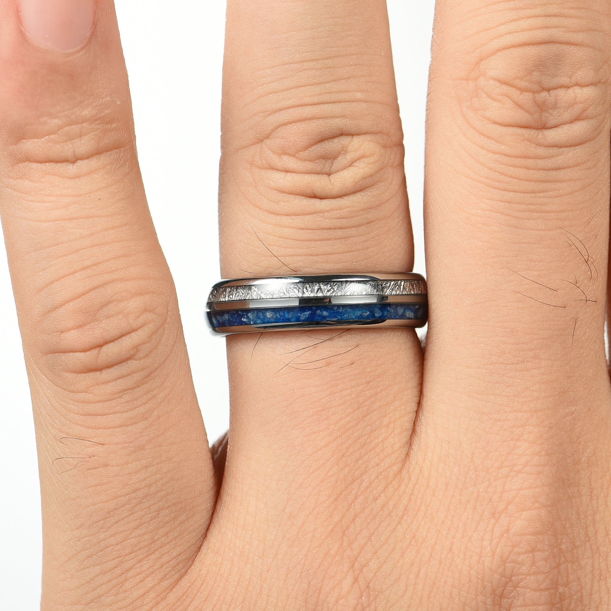 HIS AND HERS SILVER RINGS BLUE AGATE METEORITE 6/4 MM