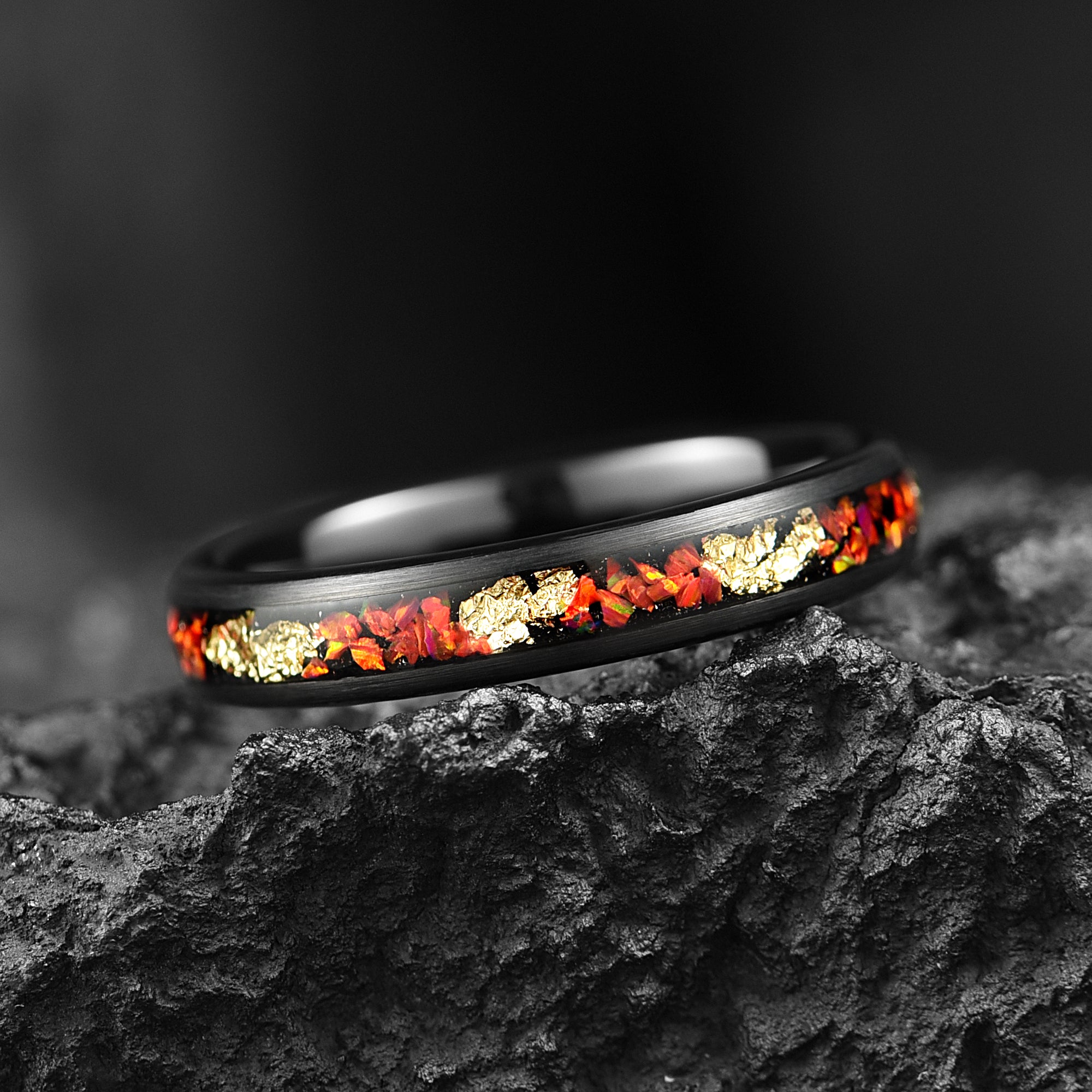 Red Fire Opal & Gold leaf His and Hers Couples Wedding Rings 4/8 mm - Promise / Engagement Rings for Couples - Tungsten Couple Bands Set - INSIGNIA