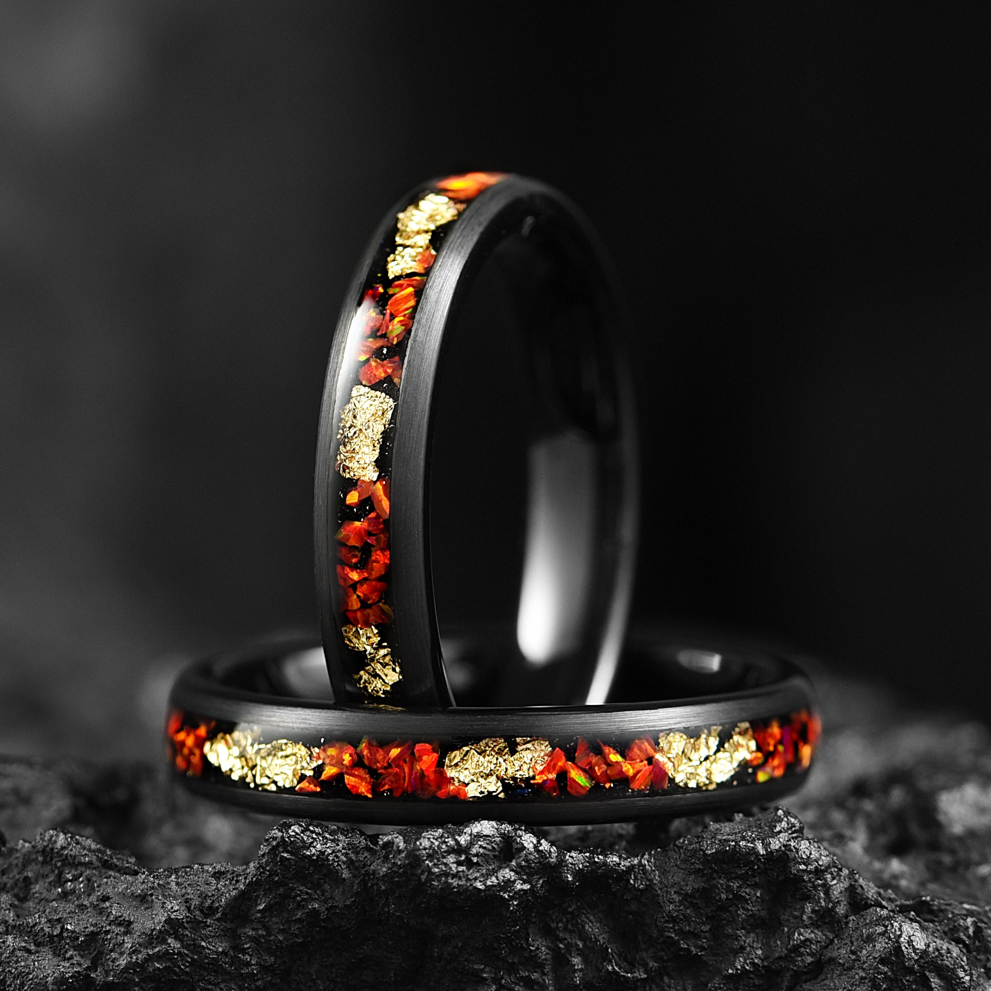 Red Fire Opal & Gold leaf His and Hers Couples Wedding Rings 4/8 mm - Promise / Engagement Rings for Couples - Tungsten Couple Bands Set - INSIGNIA