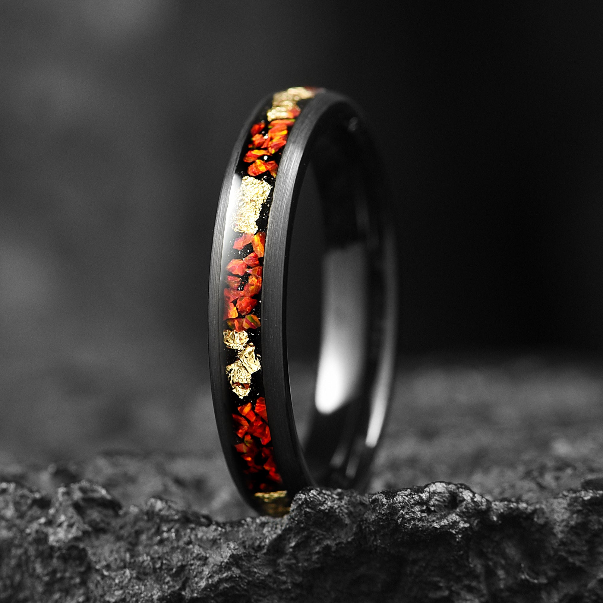 Red Fire Opal & Gold leaf His and Hers Couples Wedding Rings 4/8 mm - Promise / Engagement Rings for Couples - Tungsten Couple Bands Set - INSIGNIA