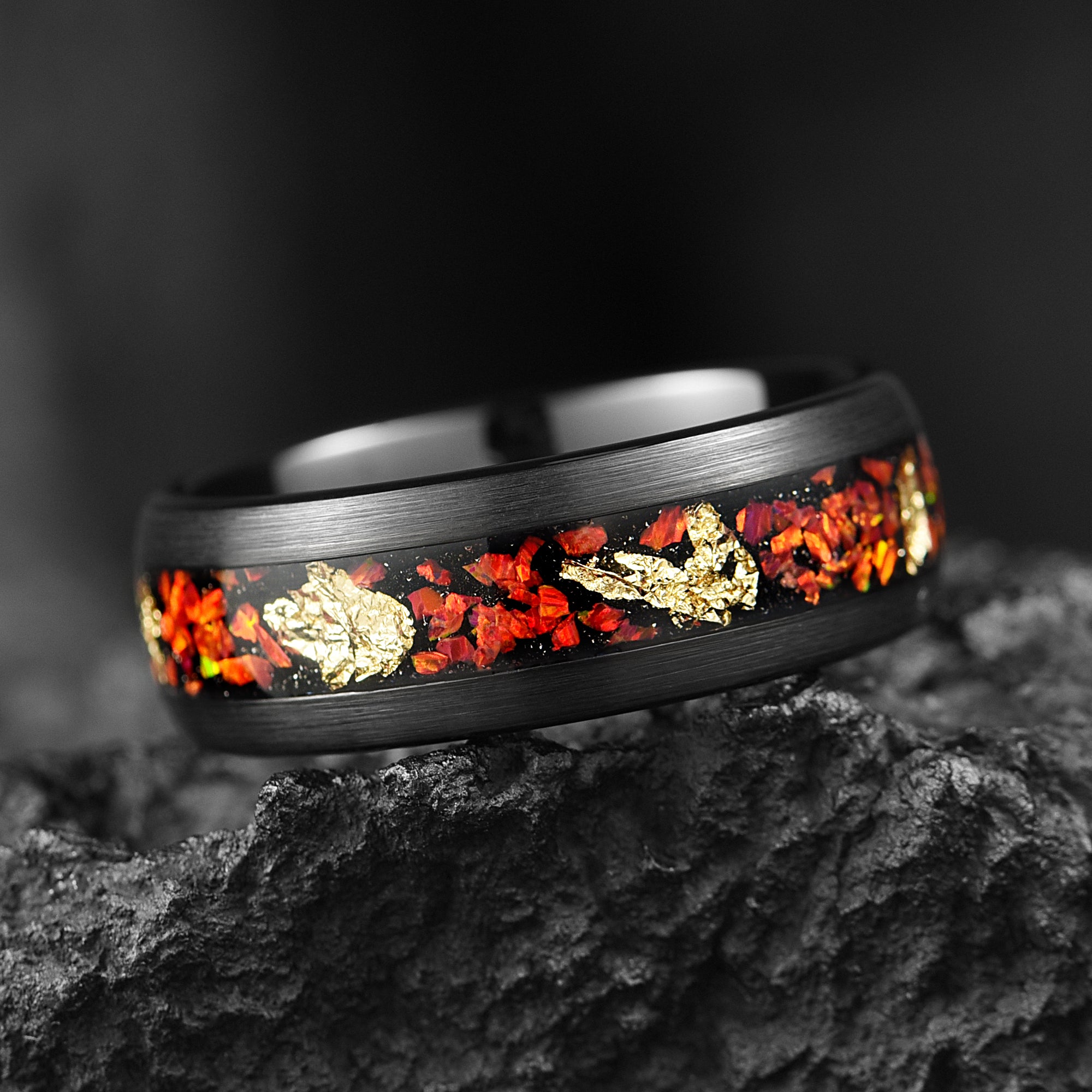 Red Fire Opal & Gold leaf His and Hers Couples Wedding Rings 4/8 mm - Promise / Engagement Rings for Couples - Tungsten Couple Bands Set - INSIGNIA